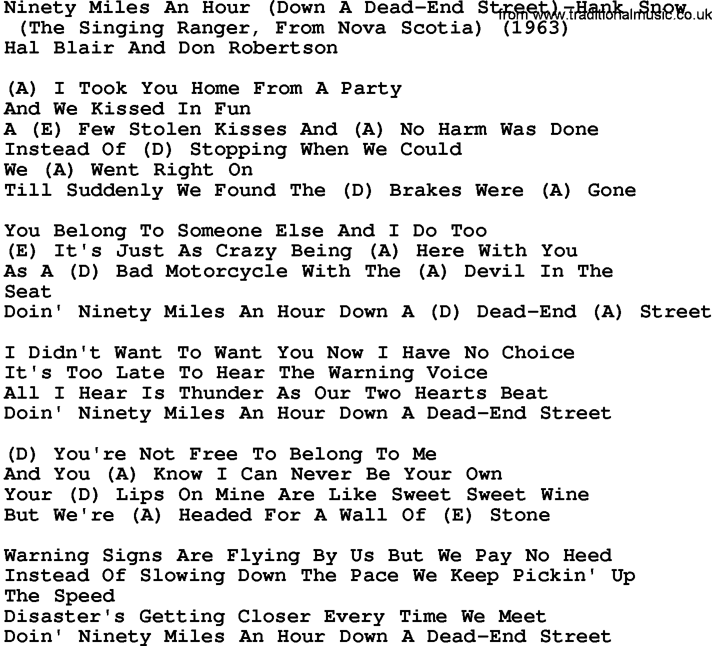 Country music song: Ninety Miles An Hour(Down A Dead-End Street)-Hank Snow lyrics and chords