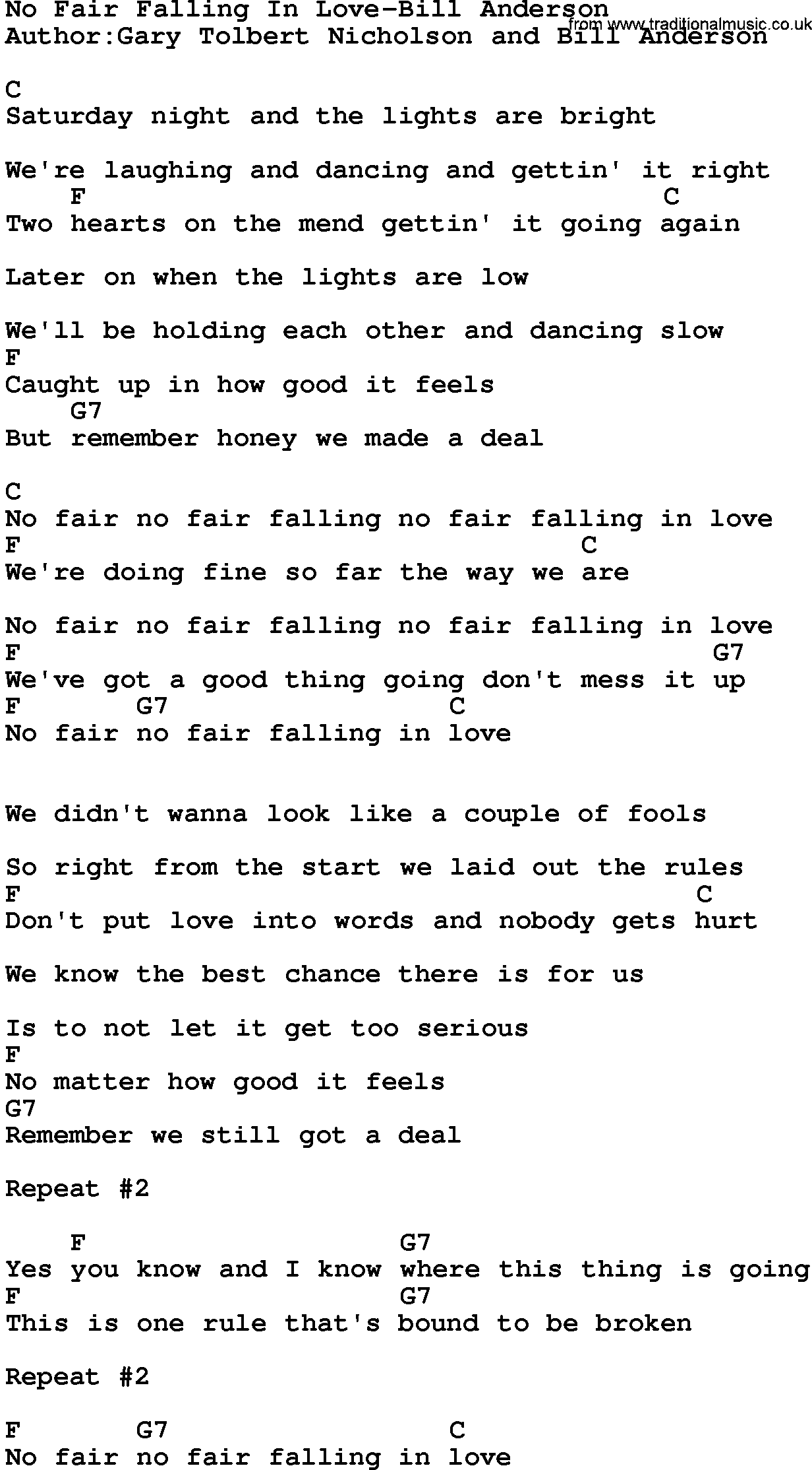 Country music song: No Fair Falling In Love-Bill Anderson lyrics and chords