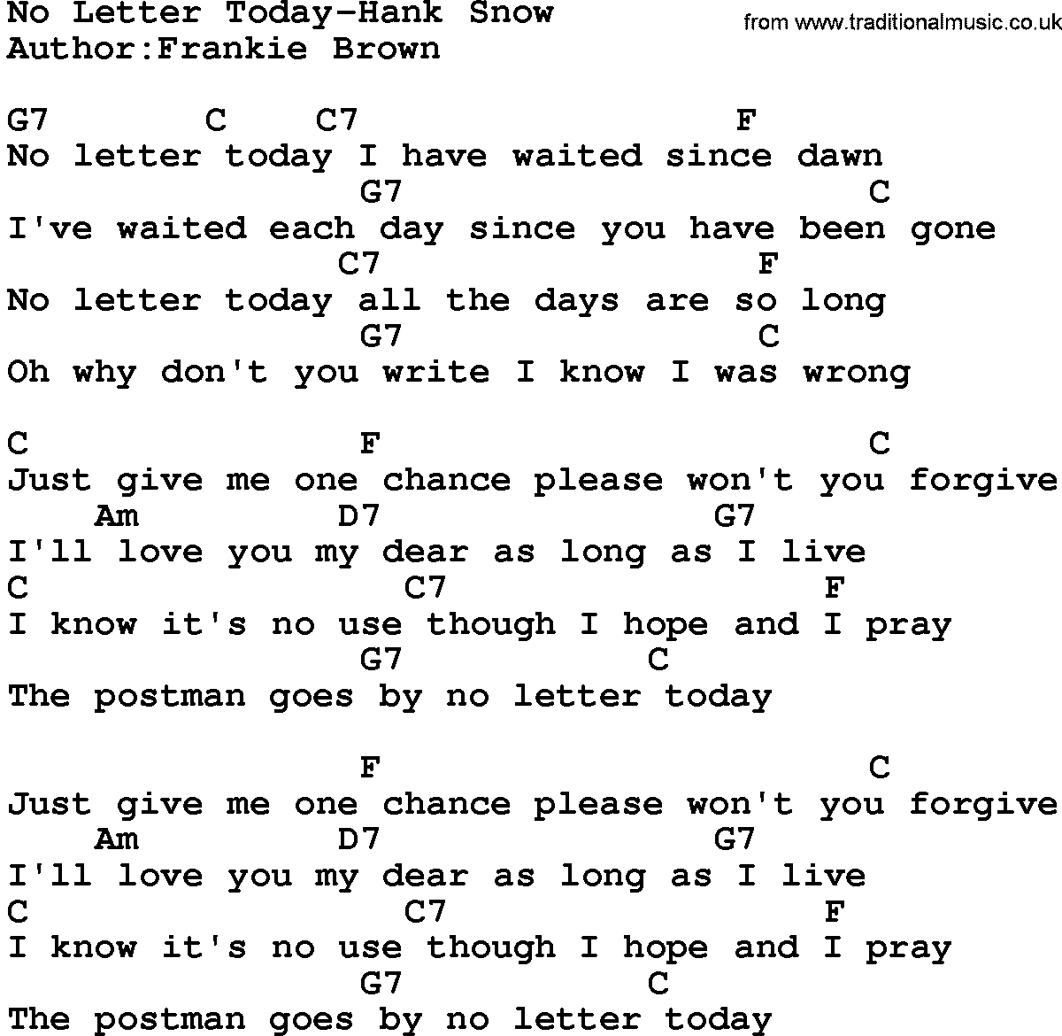 Country music song: No Letter Today-Hank Snow lyrics and chords
