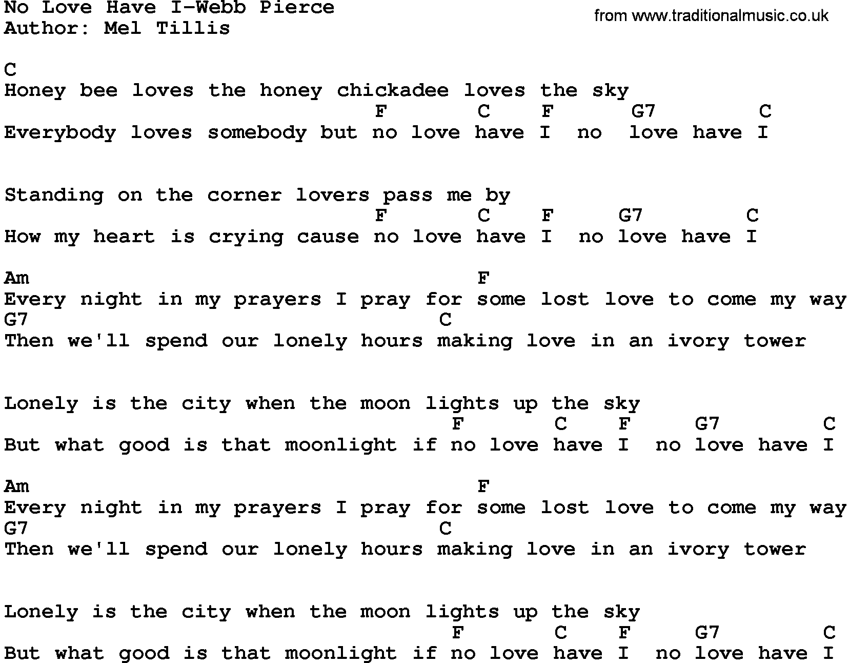 Country music song: No Love Have I-Webb Pierce lyrics and chords
