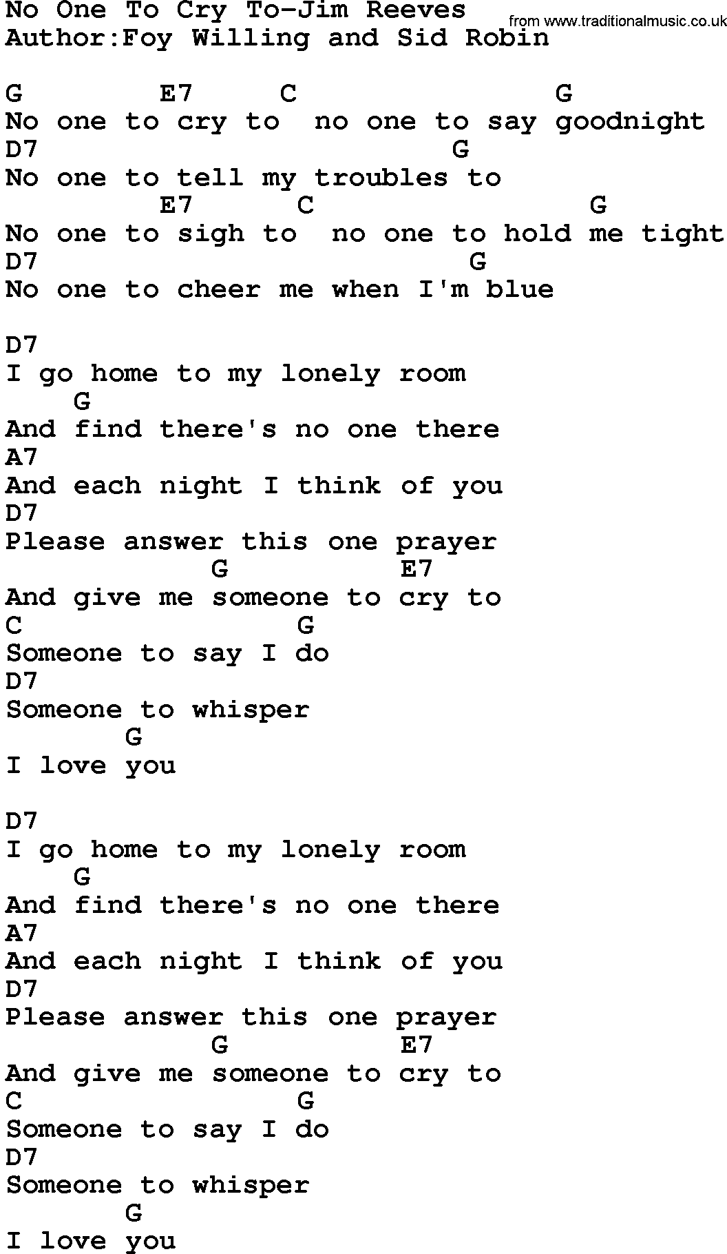 Country music song: No One To Cry To-Jim Reeves lyrics and chords