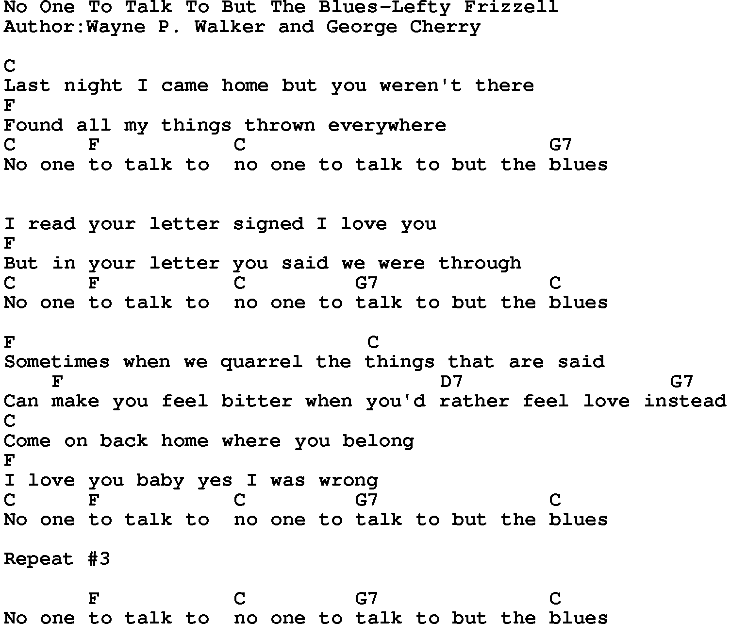 Country music song: No One To Talk To But The Blues-Lefty Frizzell lyrics and chords