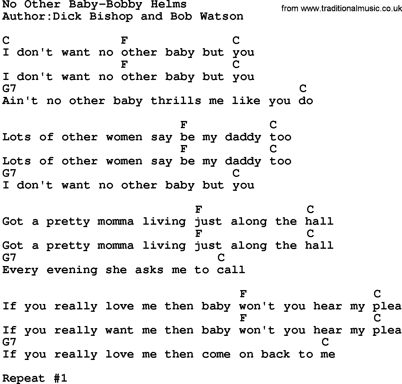 Country music song: No Other Baby-Bobby Helms lyrics and chords