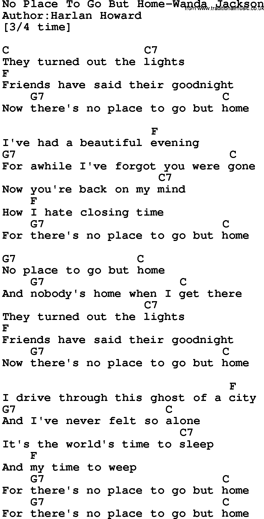 Country music song: No Place To Go But Home-Wanda Jackson lyrics and chords