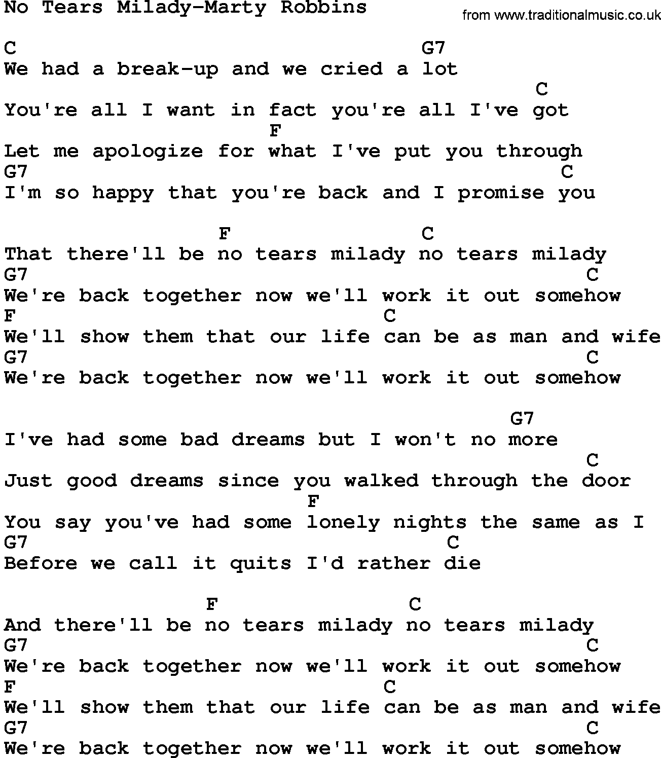 Country music song: No Tears Milady-Marty Robbins lyrics and chords