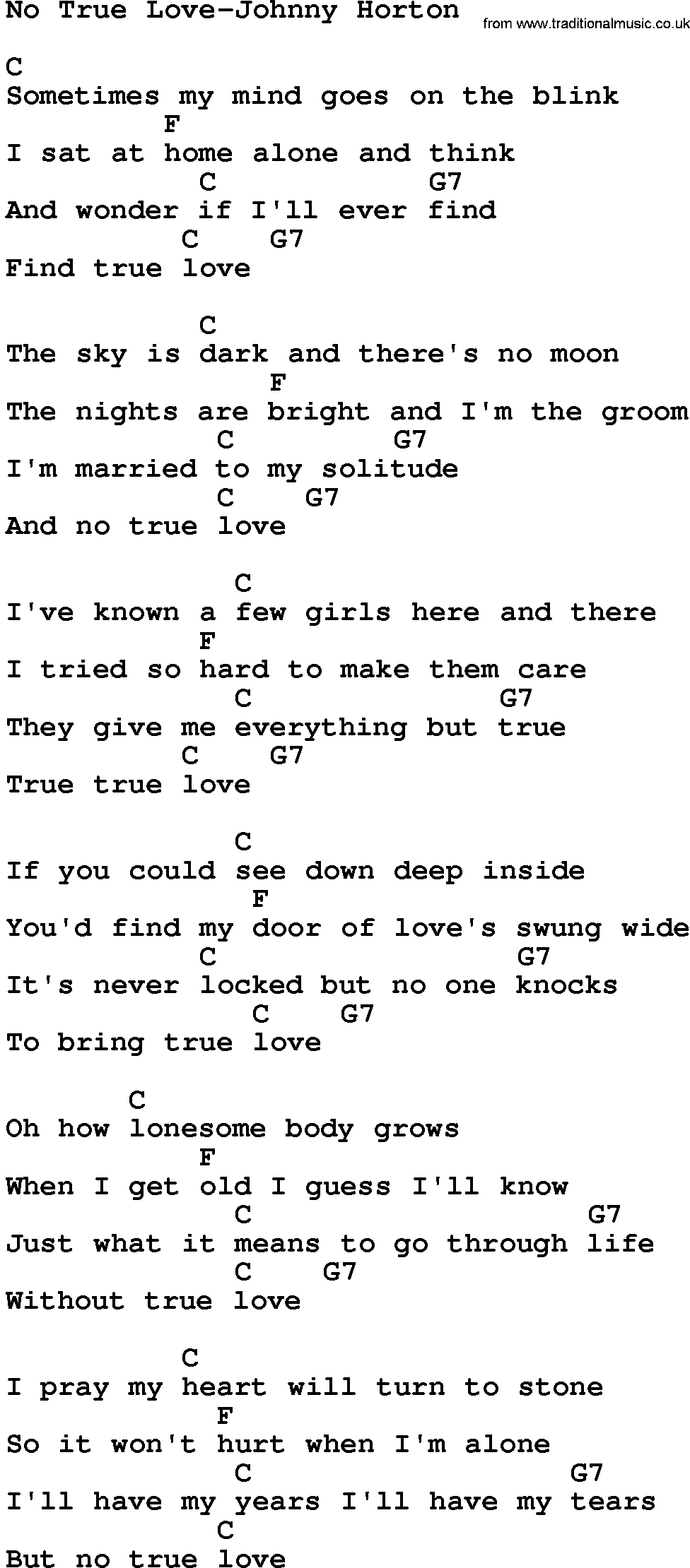 Country music song: No True Love-Johnny Horton lyrics and chords