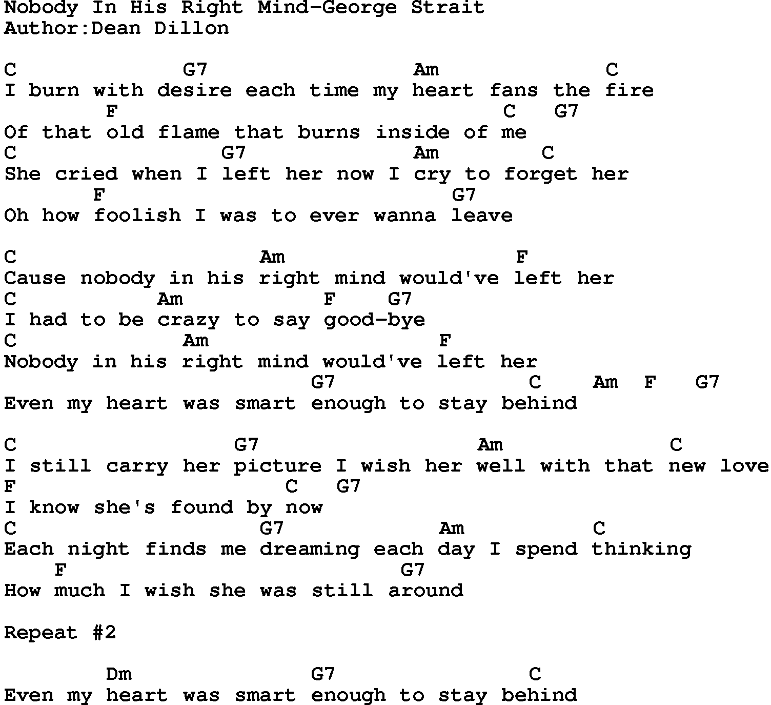 Country music song: Nobody In His Right Mind-George Strait lyrics and chords