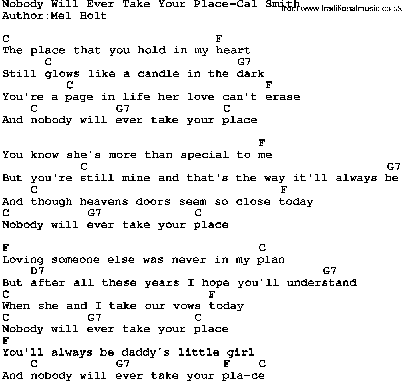 Country music song: Nobody Will Ever Take Your Place-Cal Smith lyrics and chords