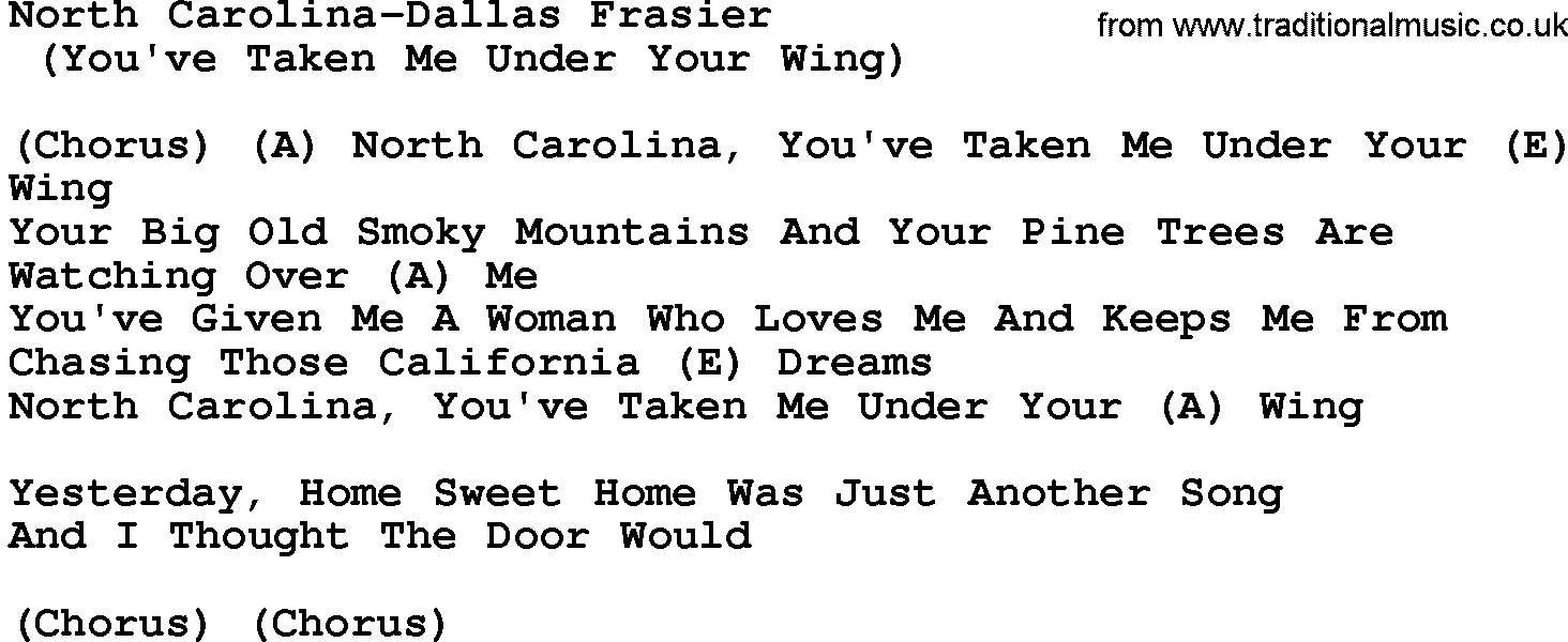 Country music song: North Carolina-Dallas Frasier lyrics and chords