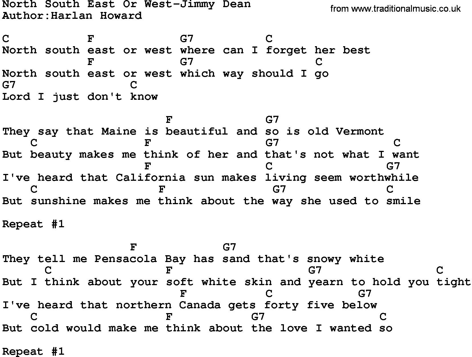 Country music song: North South East Or West-Jimmy Dean lyrics and chords