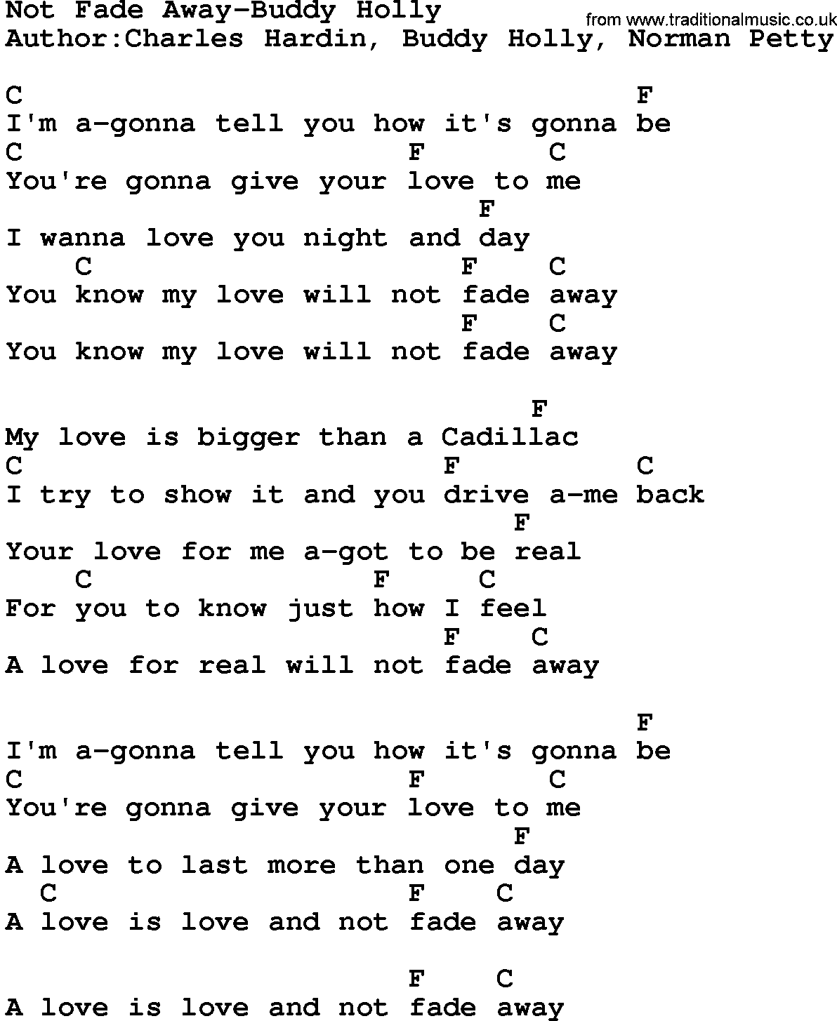 Country music song: Not Fade Away-Buddy Holly lyrics and chords
