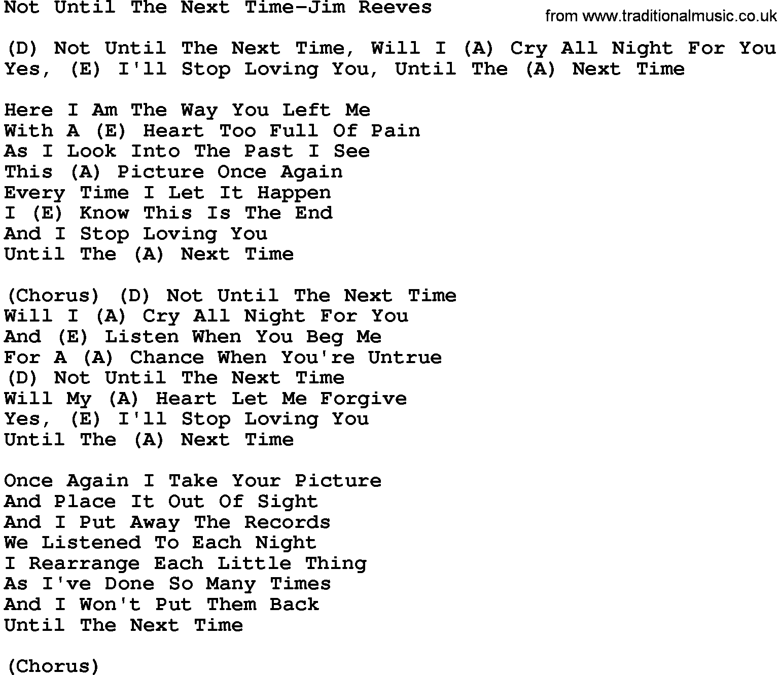 Country music song: Not Until The Next Time-Jim Reeves lyrics and chords