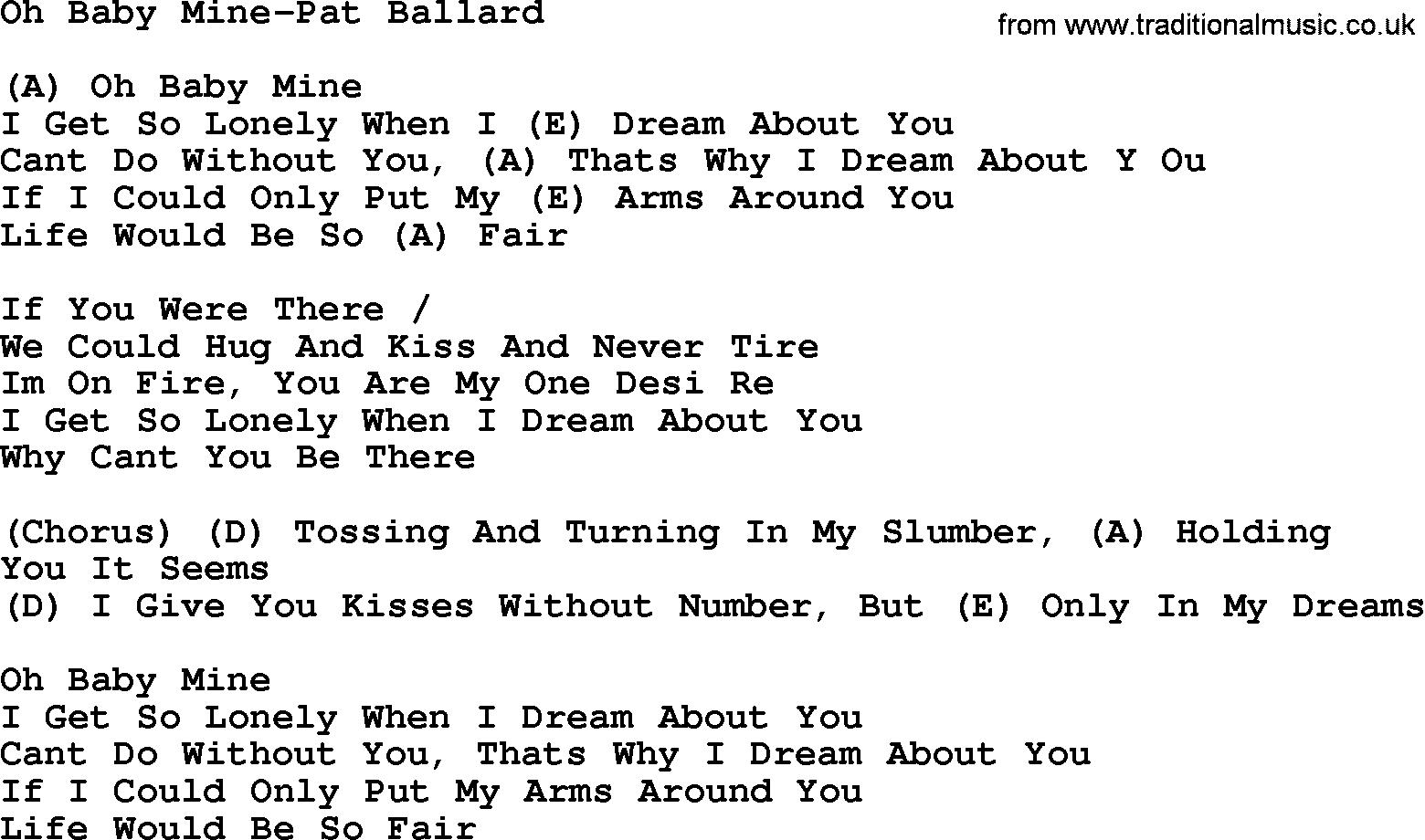 Country music song: Oh Baby Mine-Pat Ballard lyrics and chords