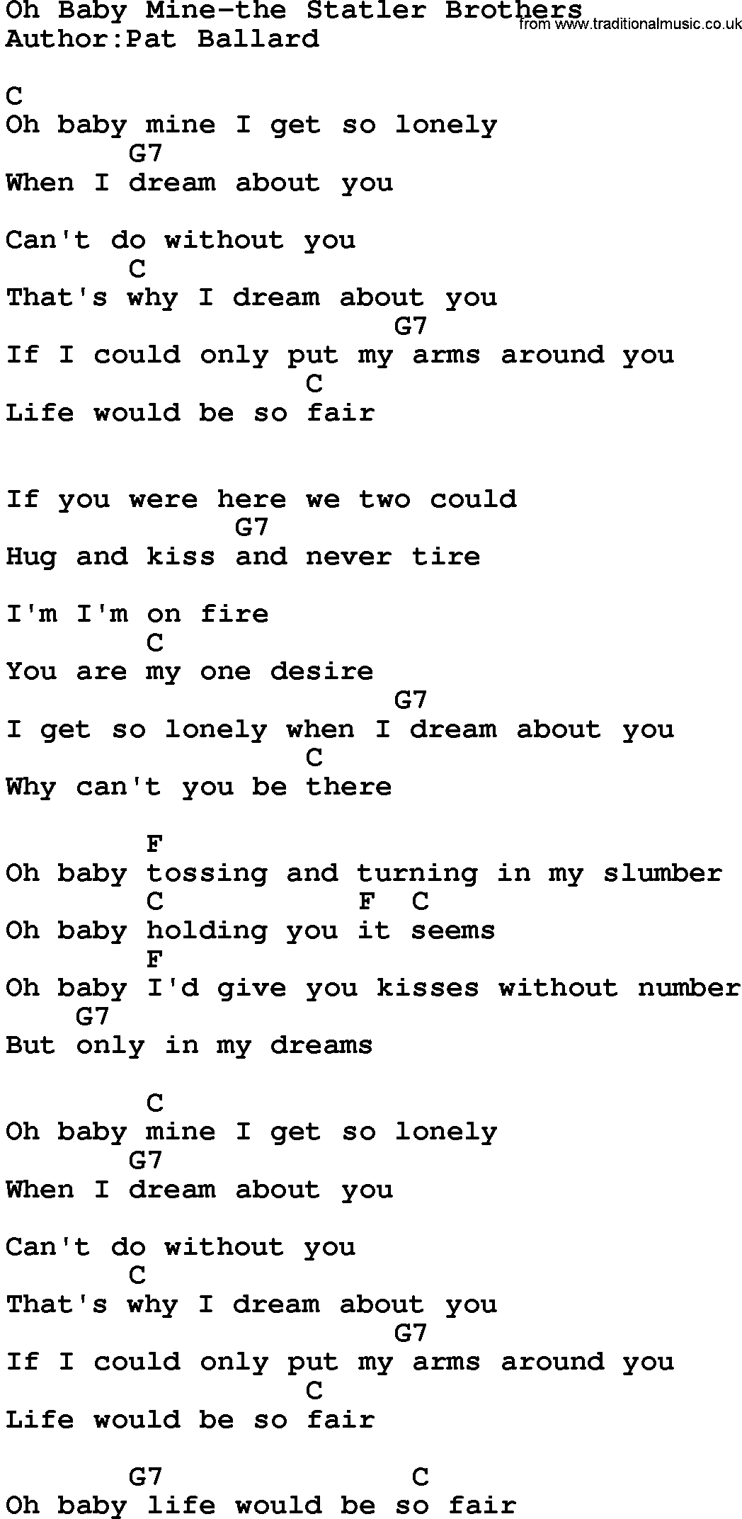 Country music song: Oh Baby Mine-The Statler Brothers lyrics and chords