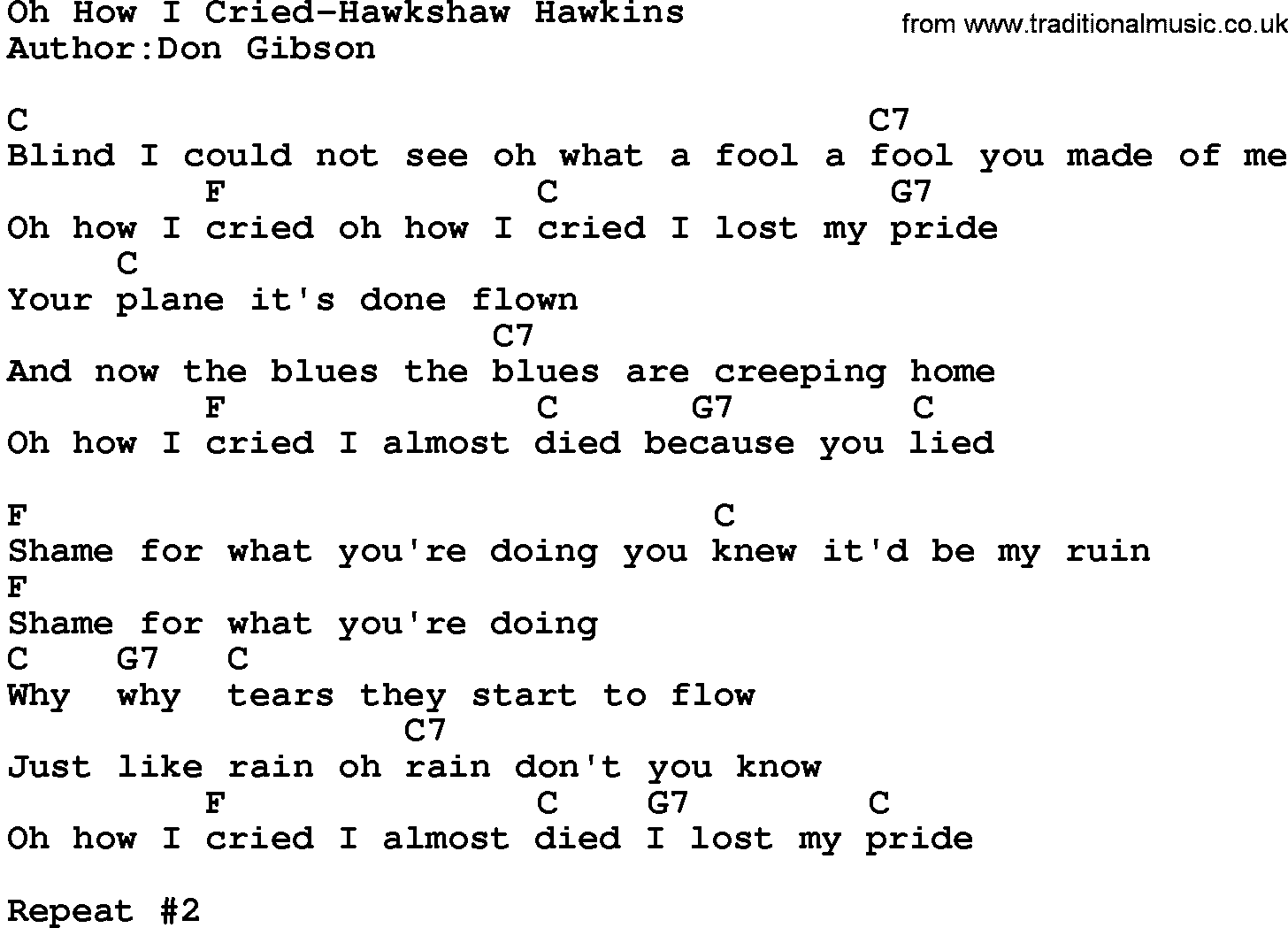 Country music song: Oh How I Cried-Hawkshaw Hawkins lyrics and chords