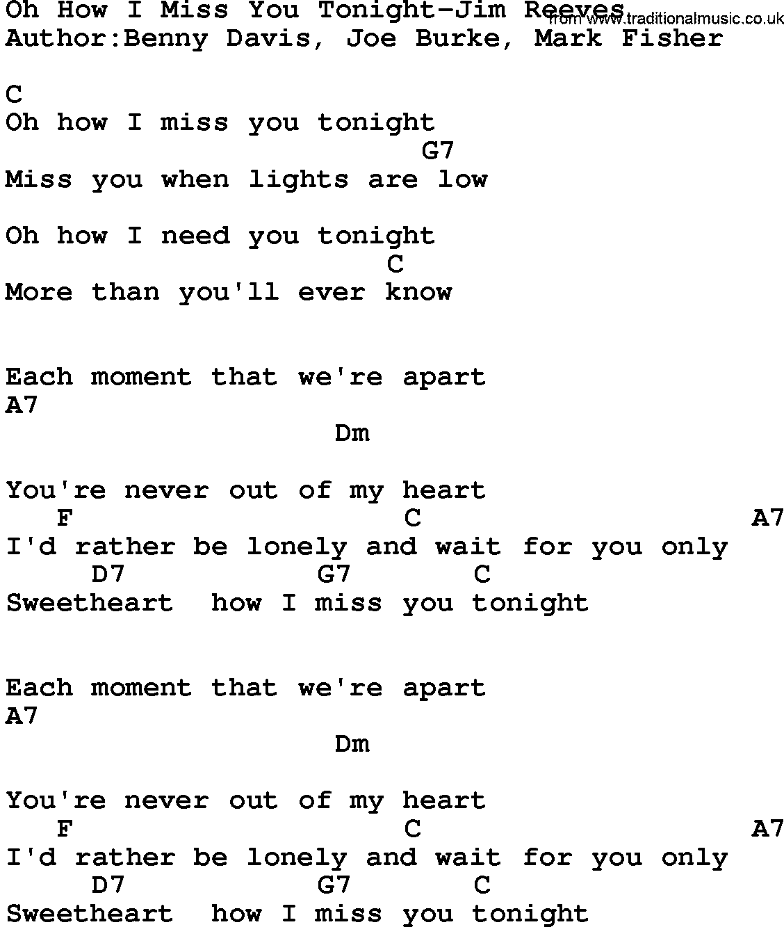 Country music song: Oh How I Miss You Tonight-Jim Reeves lyrics and chords