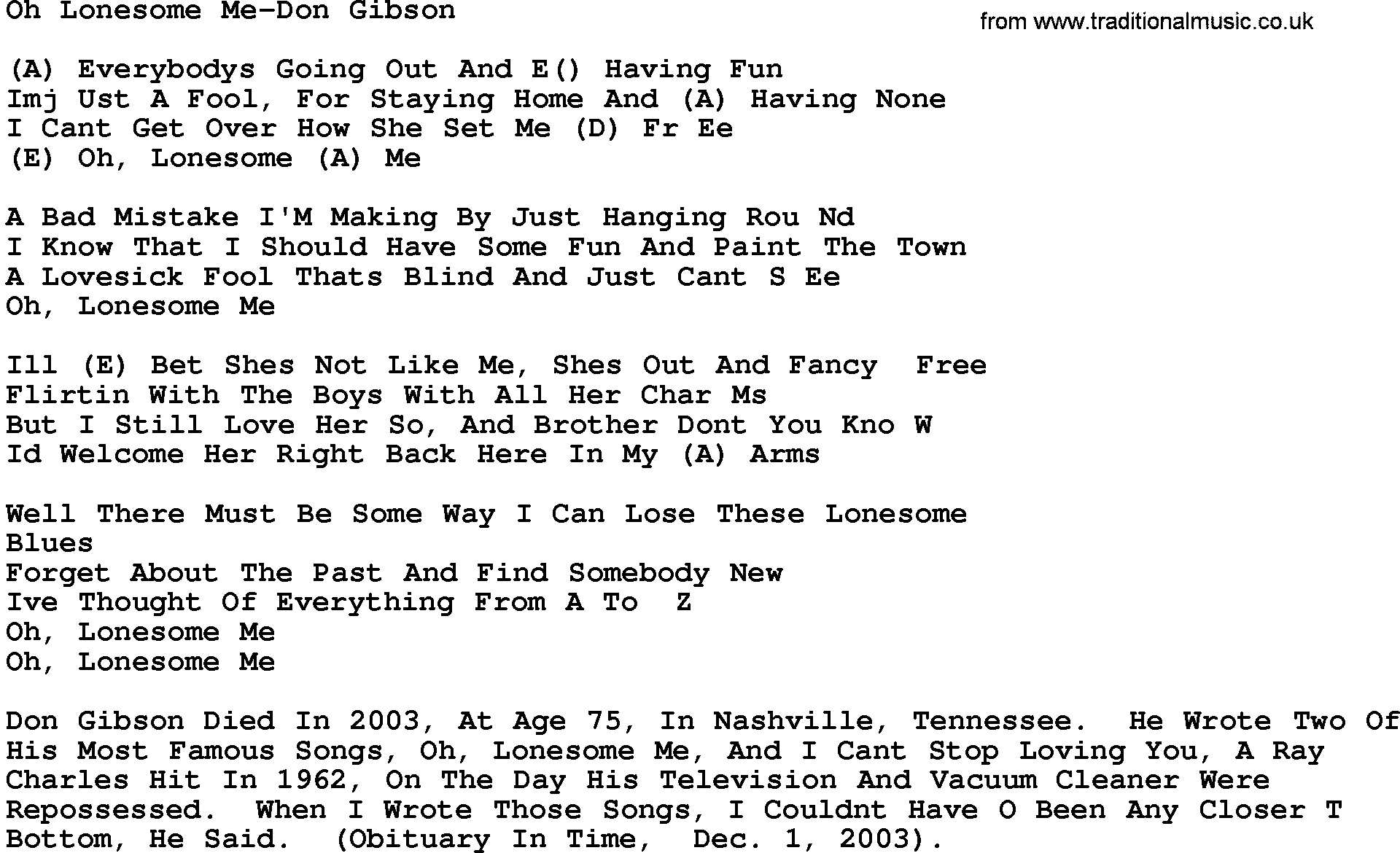 Country music song: Oh Lonesome Me-Don Gibson lyrics and chords