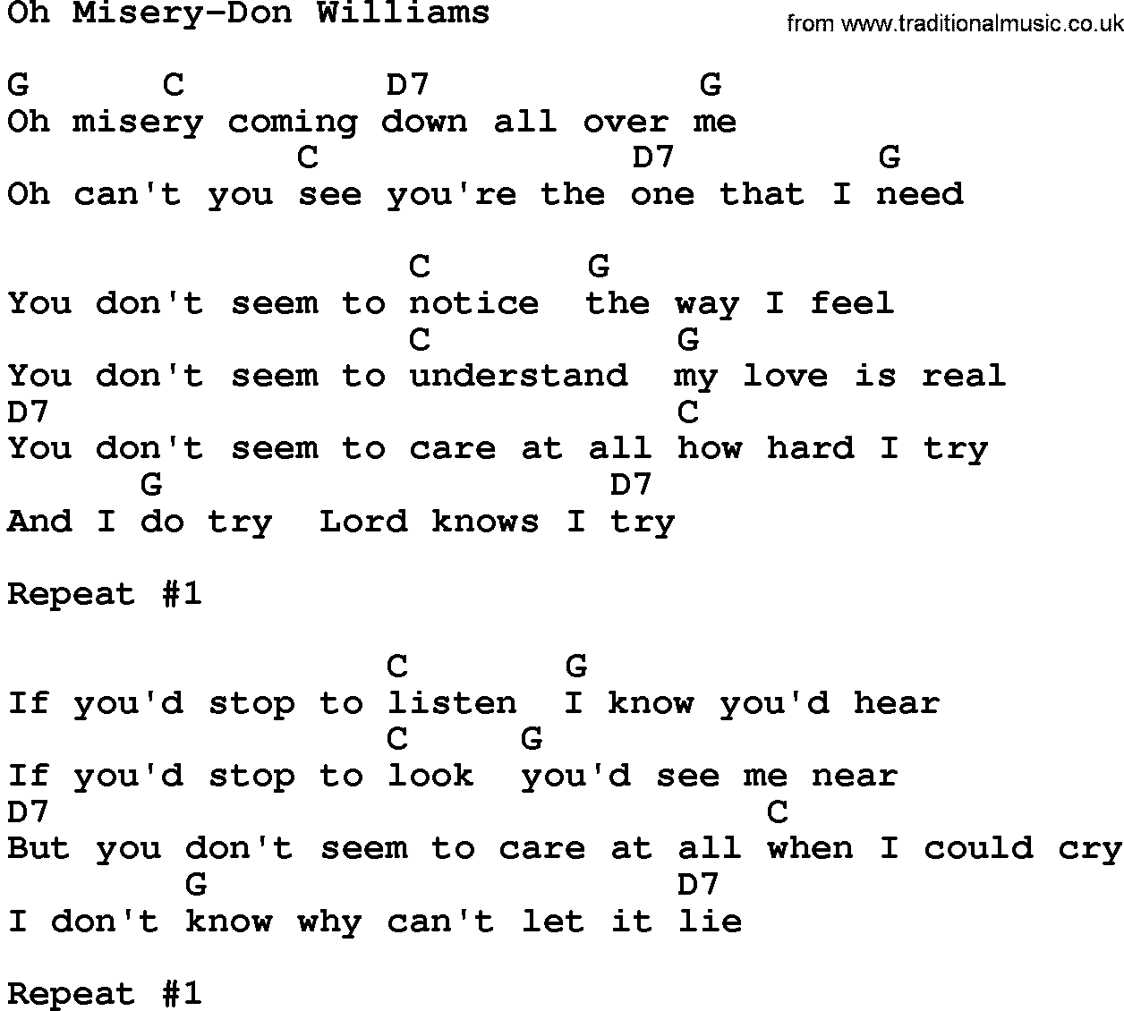 Country music song: Oh Misery-Don Williams lyrics and chords