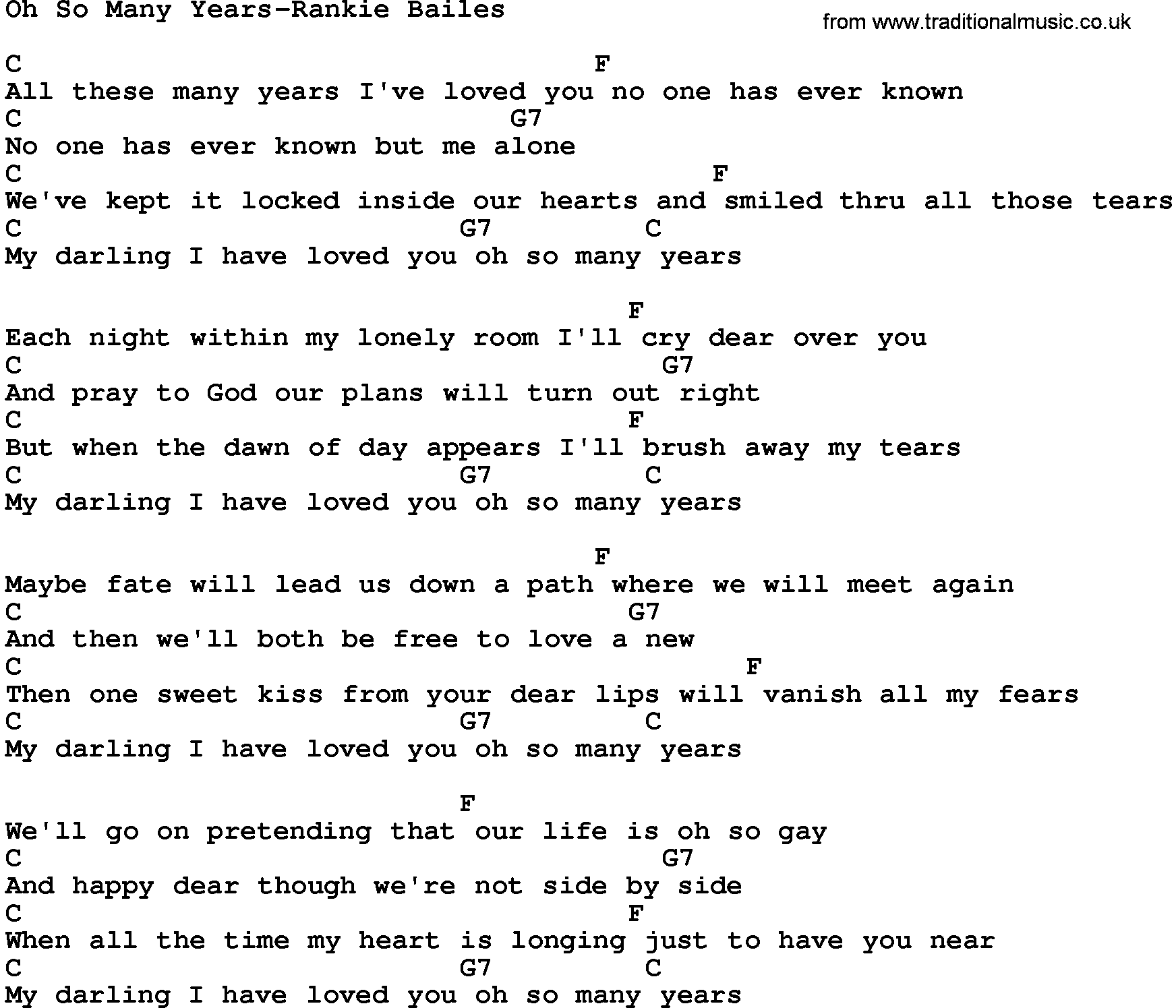 Country music song: Oh So Many Years-Rankie Bailes lyrics and chords