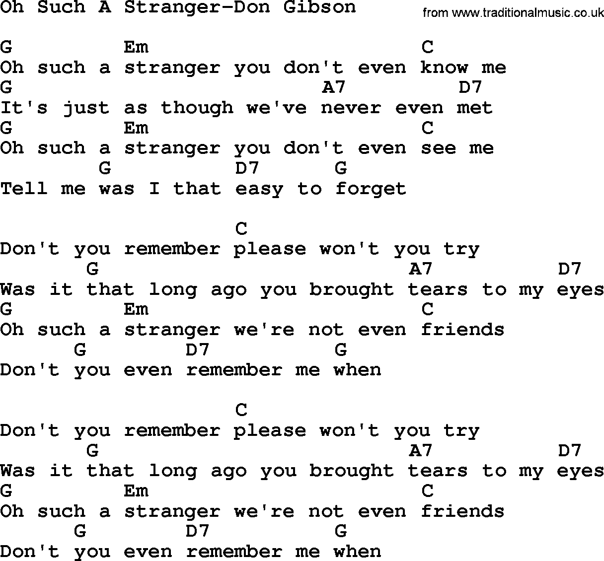 Country music song: Oh Such A Stranger-Don Gibson lyrics and chords