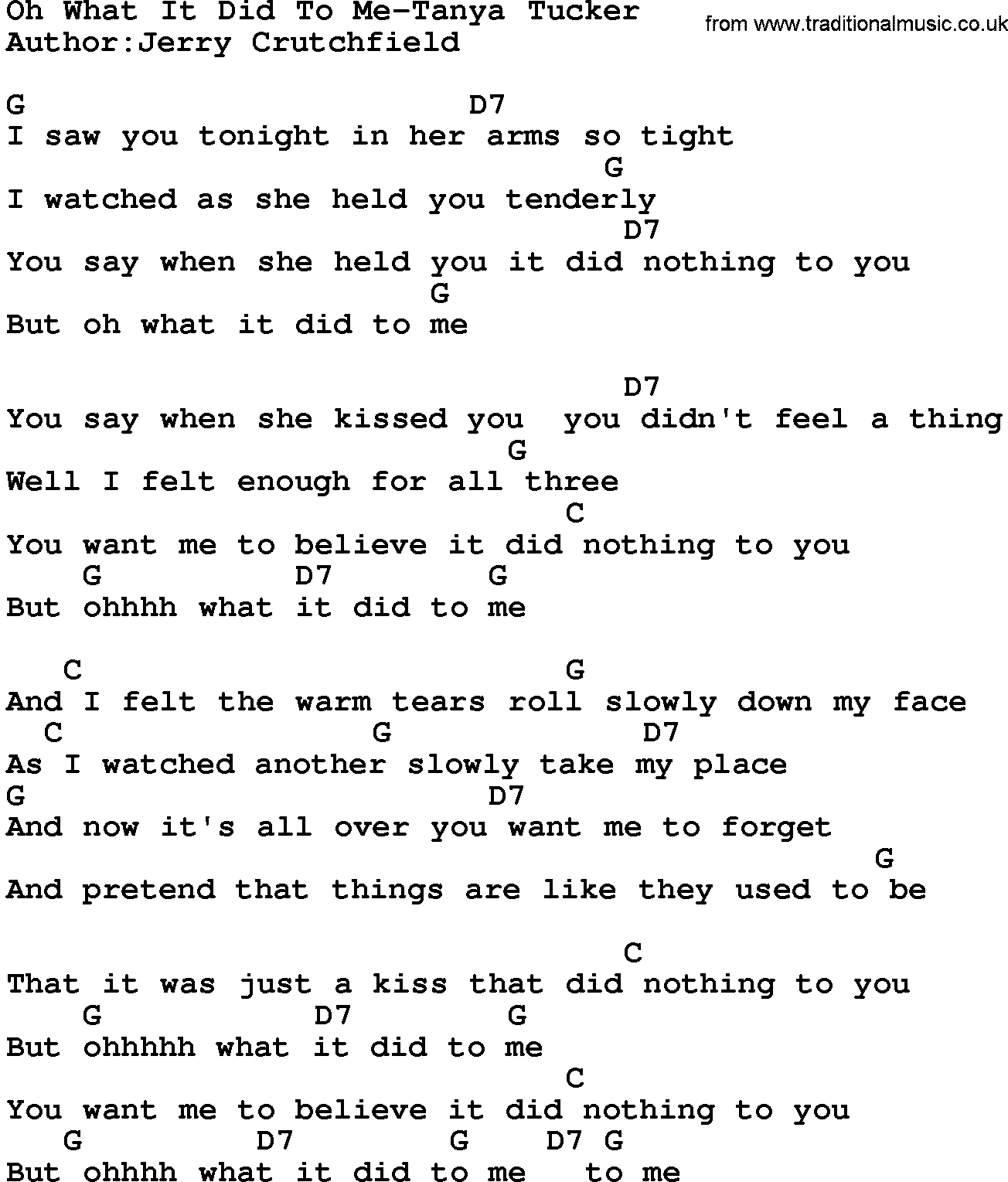 Country music song: Oh What It Did To Me-Tanya Tucker lyrics and chords