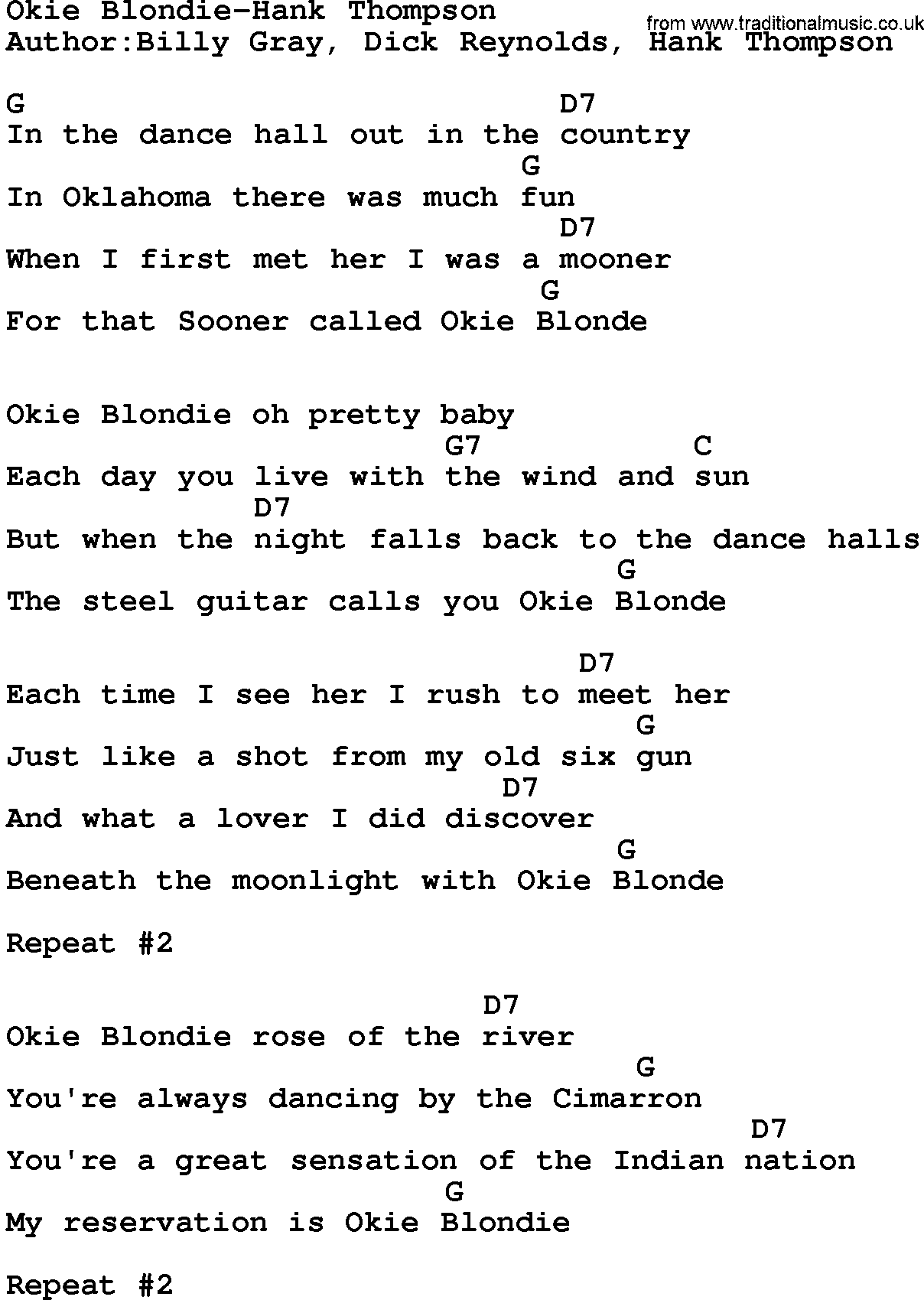 Country music song: Okie Blondie-Hank Thompson lyrics and chords