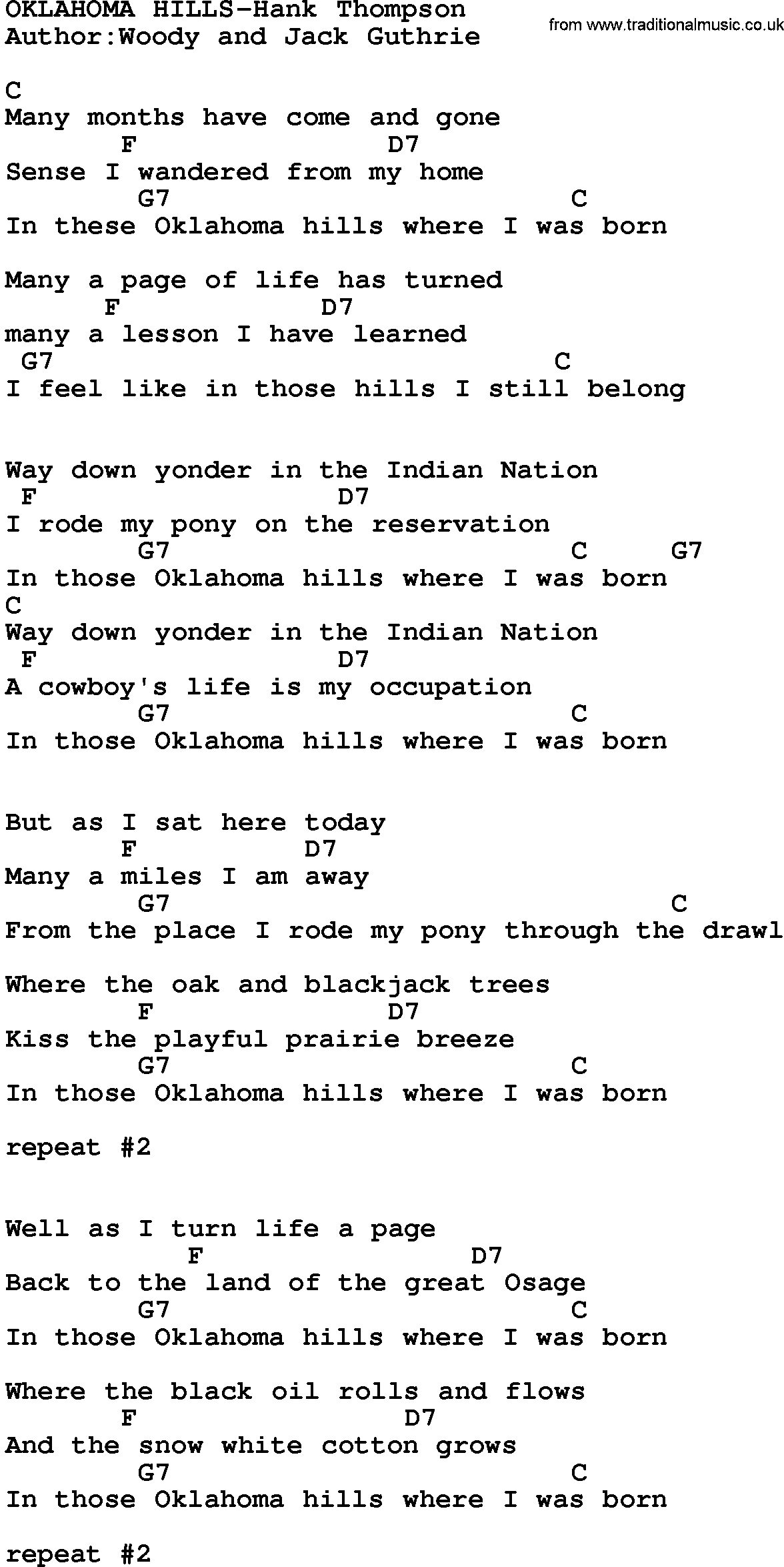 Country music song: Oklahoma Hills-Hank Thompson lyrics and chords
