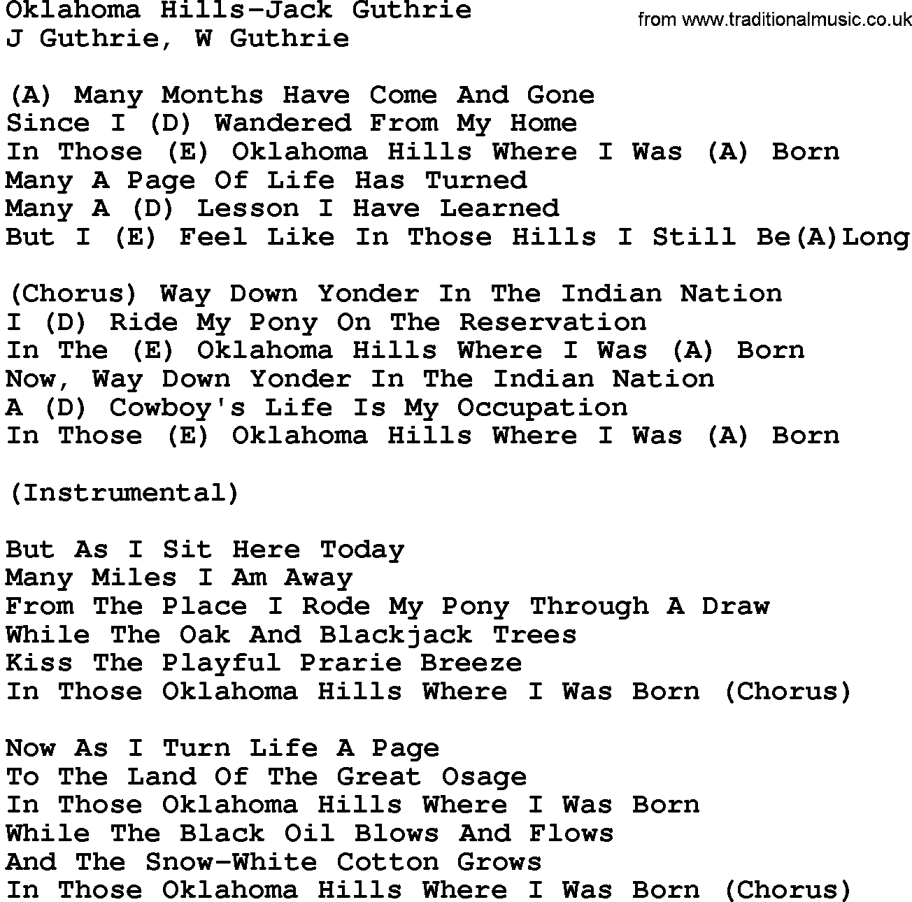 Country music song: Oklahoma Hills-Jack Guthrie lyrics and chords