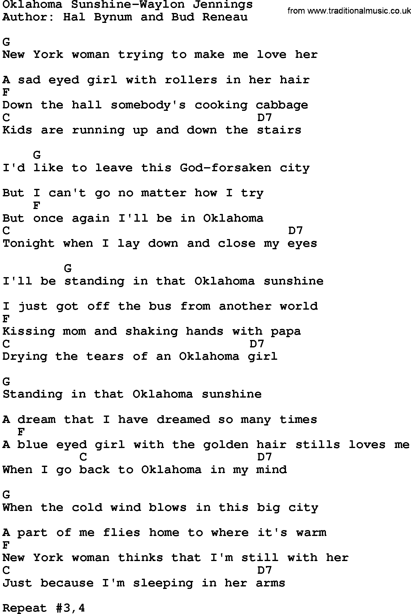 Country music song: Oklahoma Sunshine-Waylon Jennings lyrics and chords