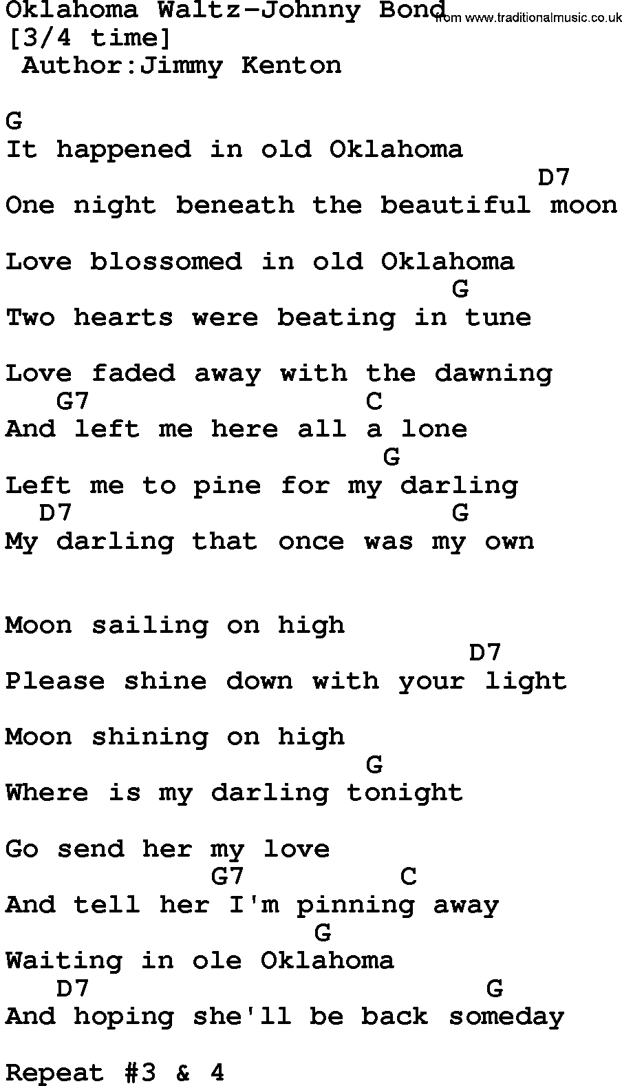 Country music song: Oklahoma Waltz-Johnny Bond lyrics and chords