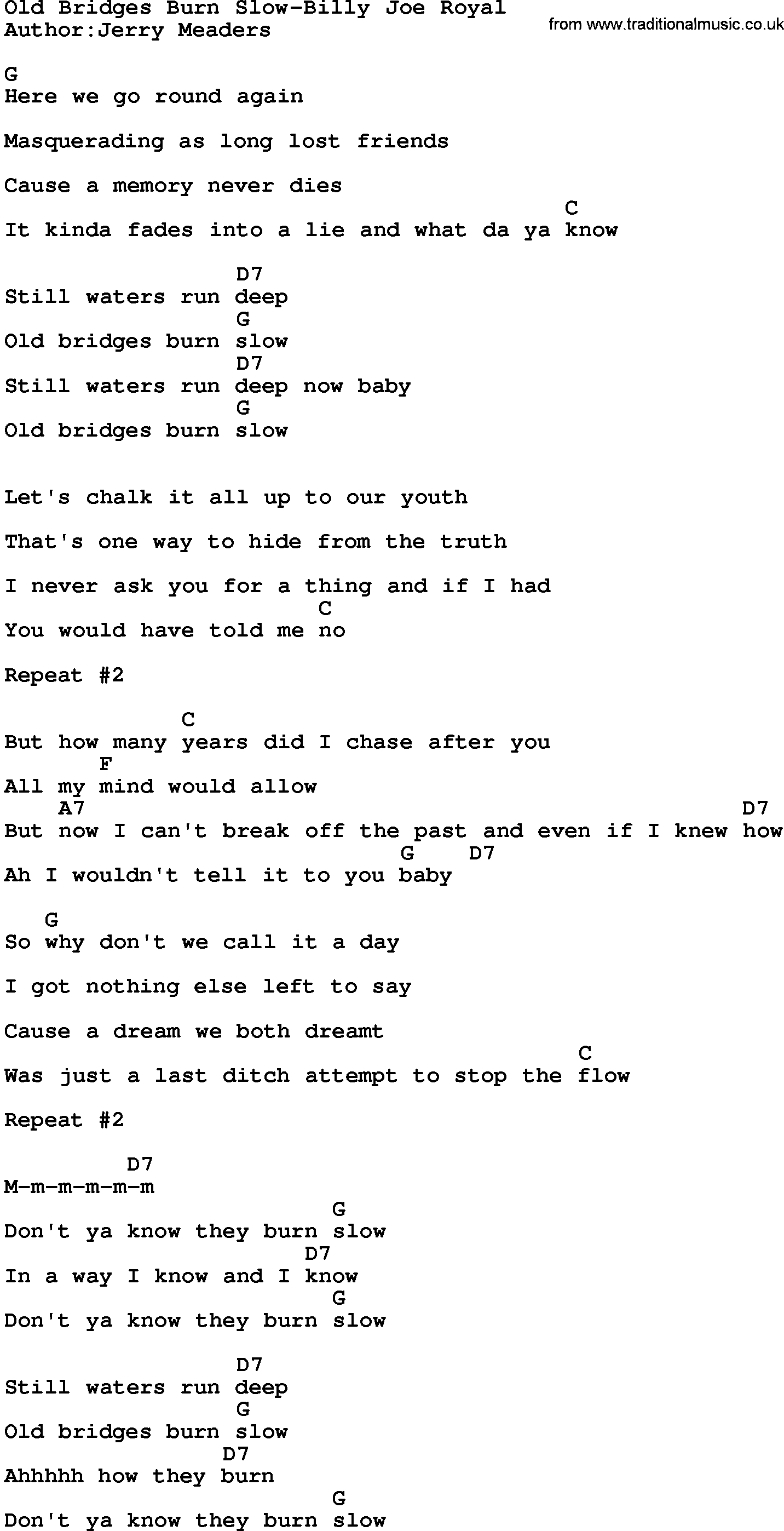 Country music song: Old Bridges Burn Slow-Billy Joe Royal lyrics and chords