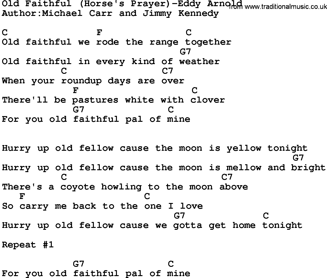 Country music song: Old Faithful(Horse's Prayer)-Eddy Arnold lyrics and chords