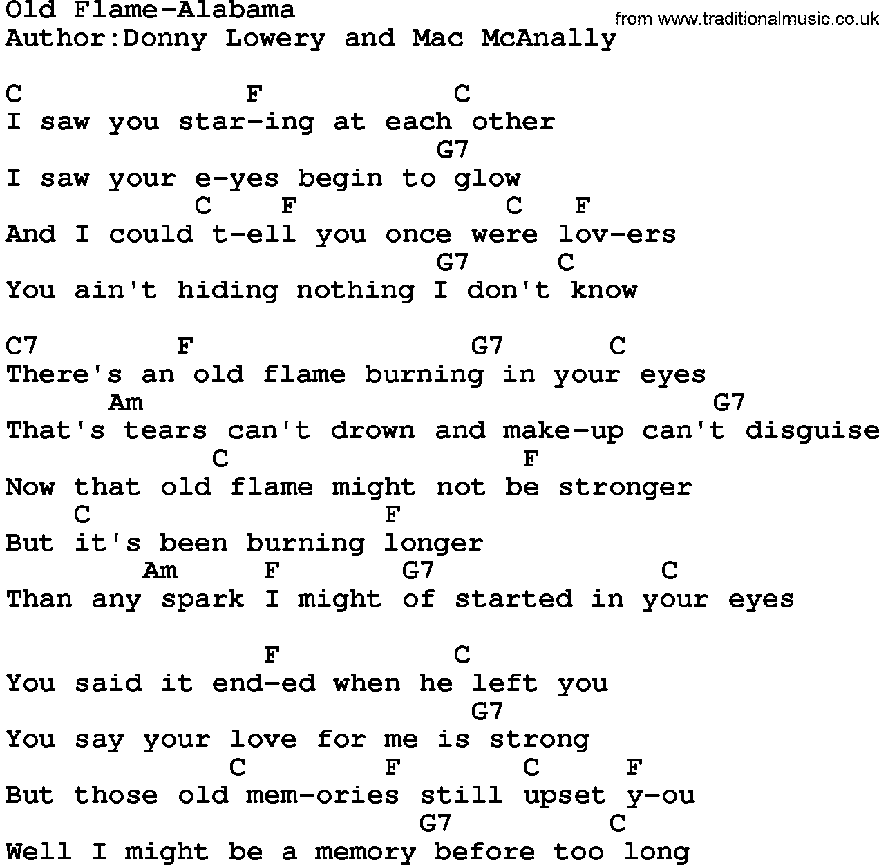 Country music song: Old Flame-Alabama lyrics and chords