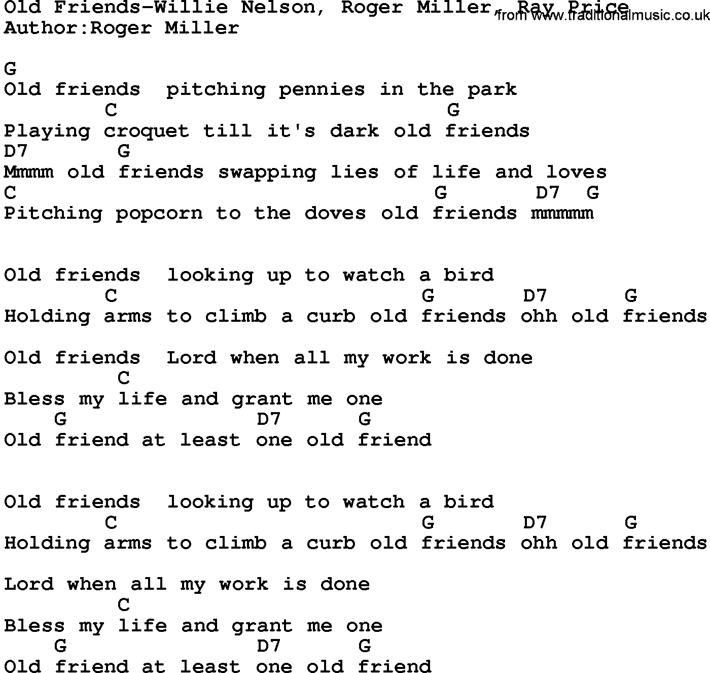 Country music song: Old Friends-Willie Nelson, Roger Miller, Ray Price lyrics and chords