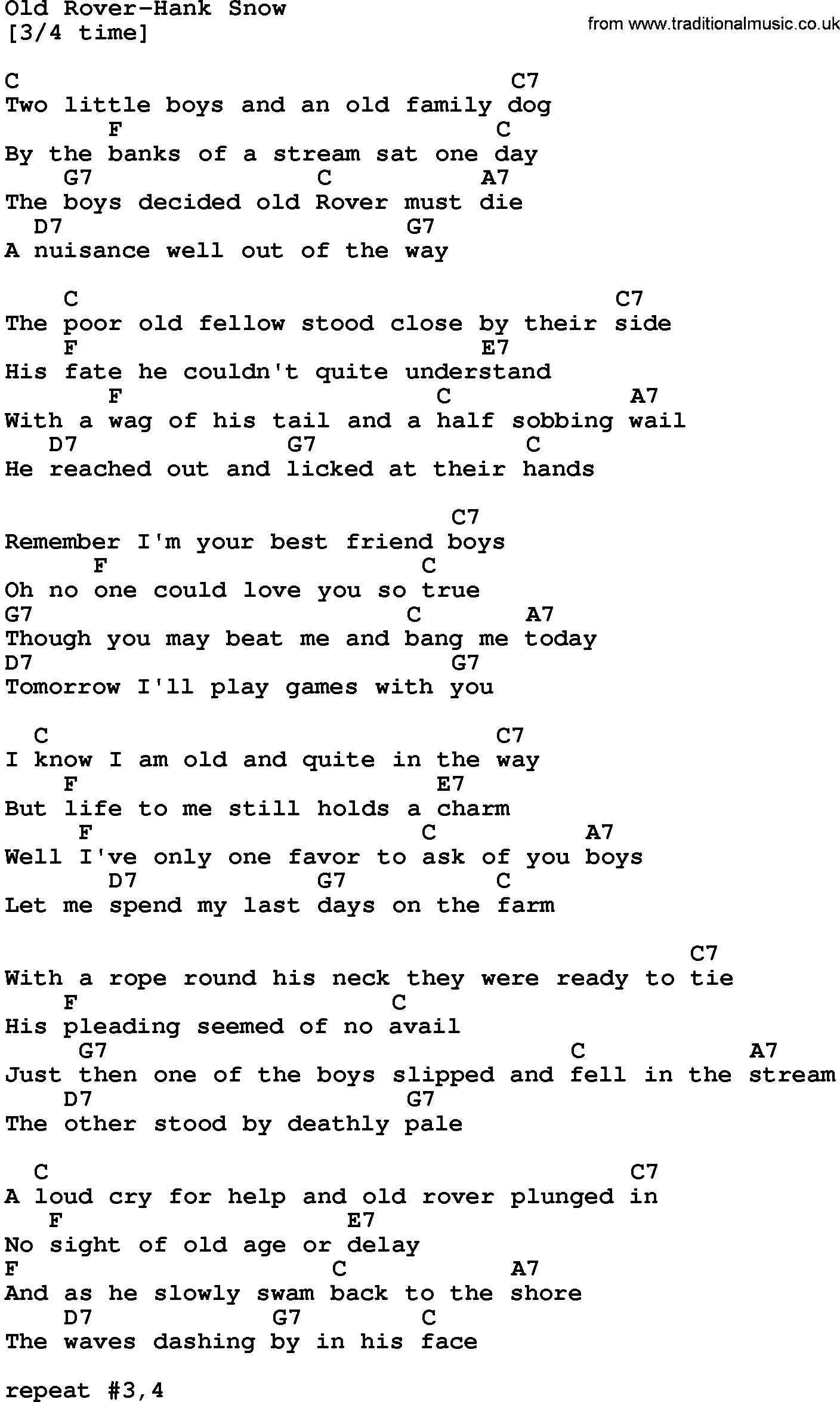 Country music song: Old Rover-Hank Snow lyrics and chords