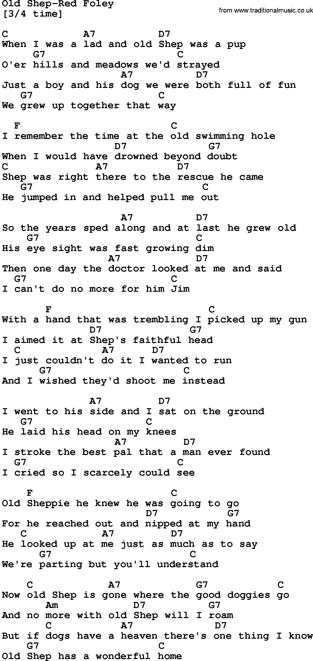 Country music song: Old Shep-Red Foley lyrics and chords