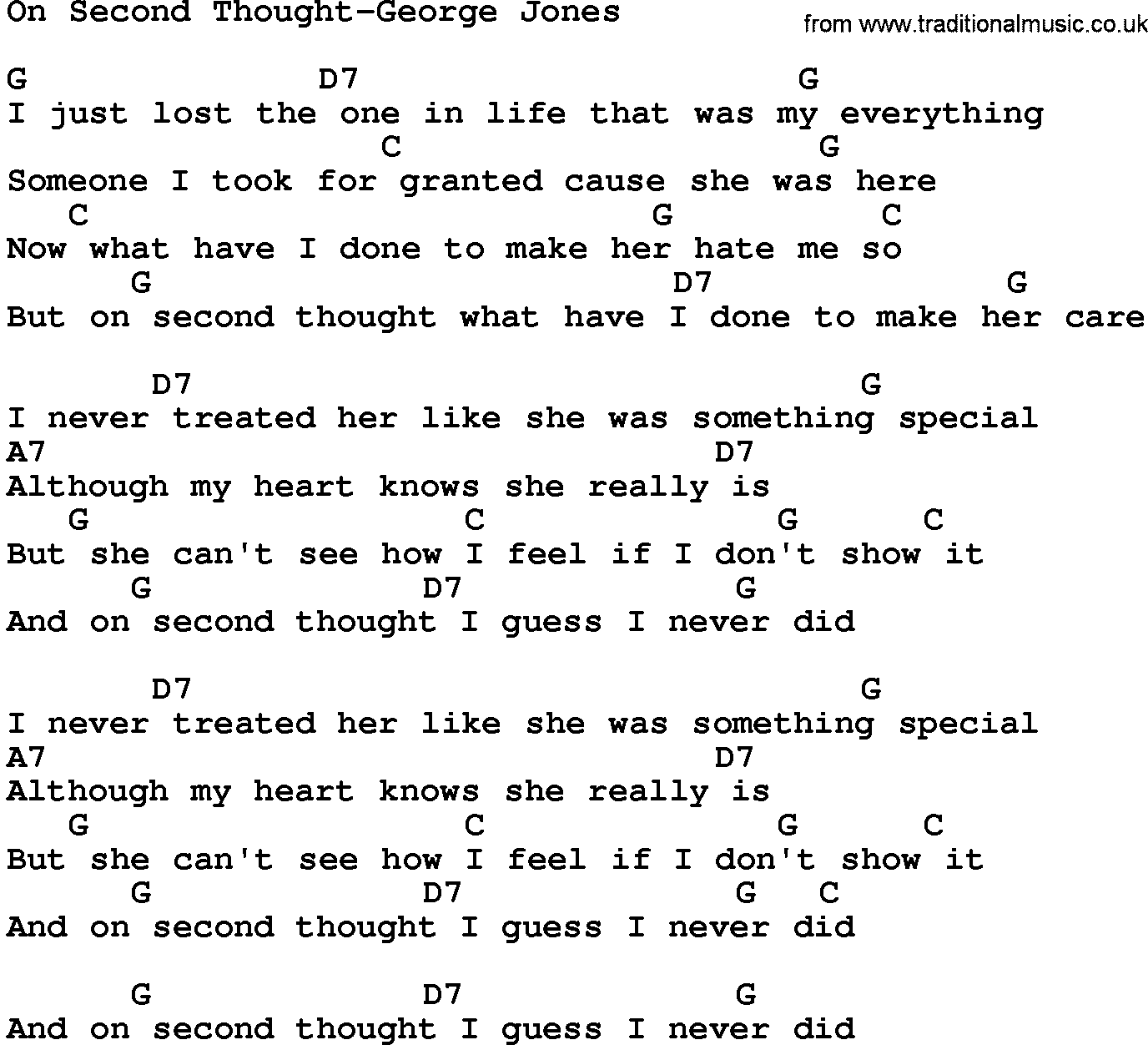 Country music song: On Second Thought-George Jones lyrics and chords
