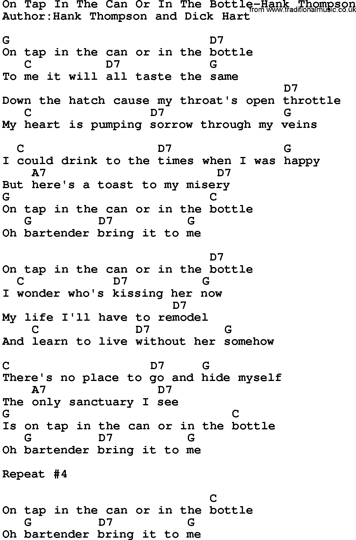 Country music song: On Tap In The Can Or In The Bottle-Hank Thompson lyrics and chords