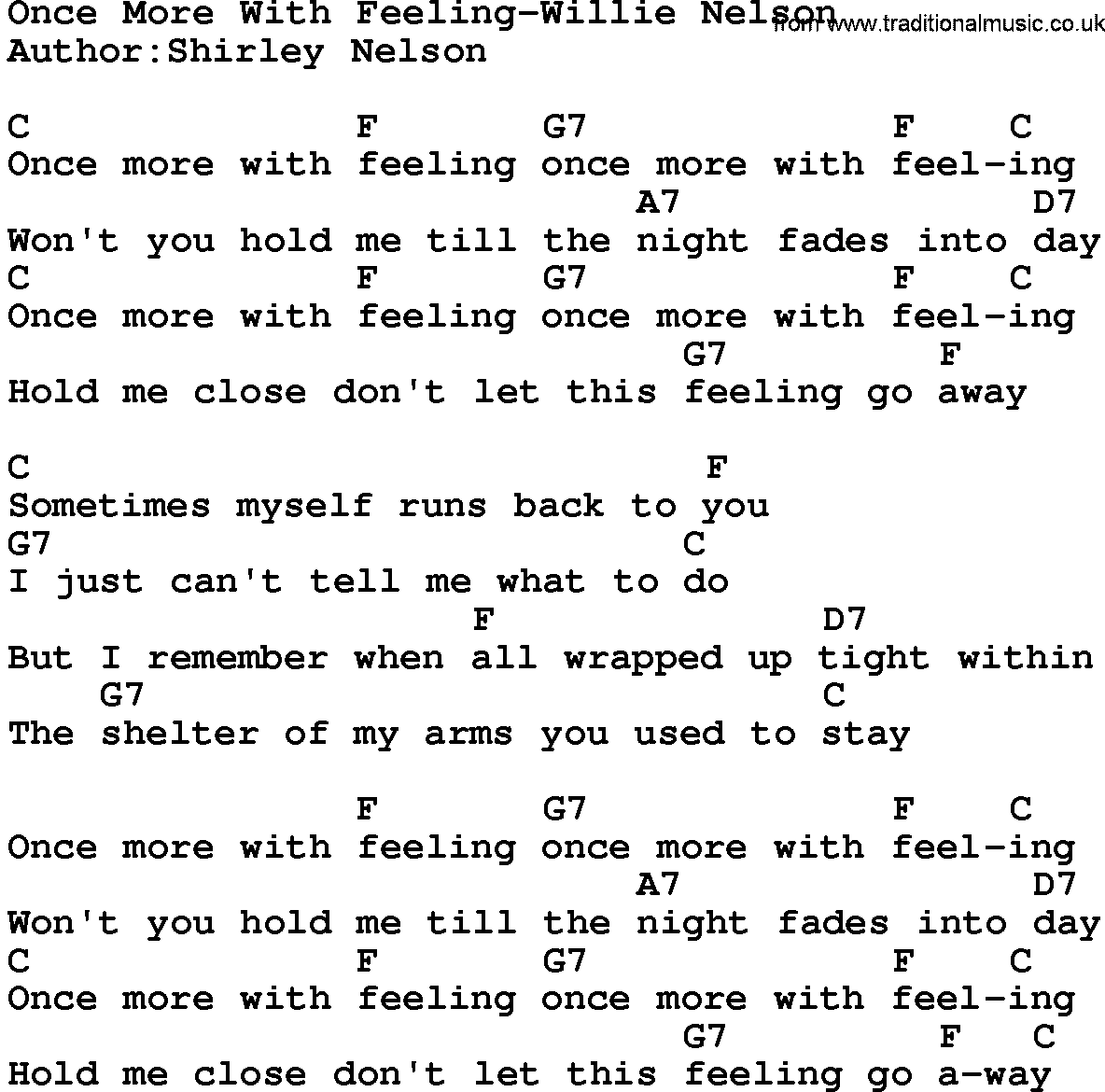 Country music song: Once More With Feeling-Willie Nelson lyrics and chords
