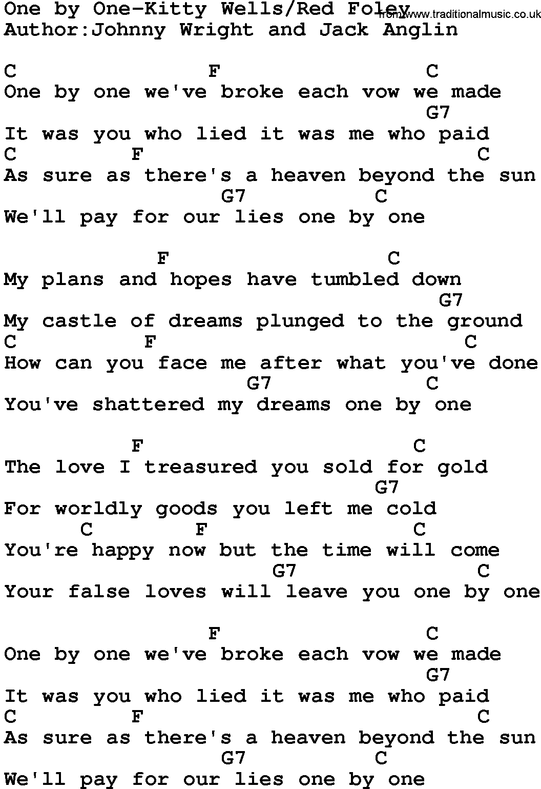 Country music song: One By One-Kitty Wells&red Foley lyrics and chords