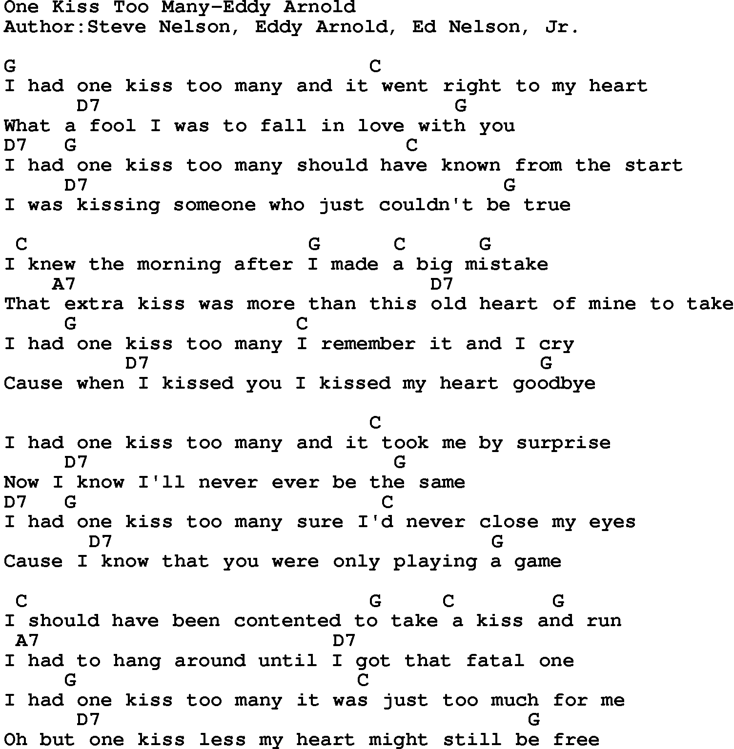 Country music song: One Kiss Too Many-Eddy Arnold lyrics and chords