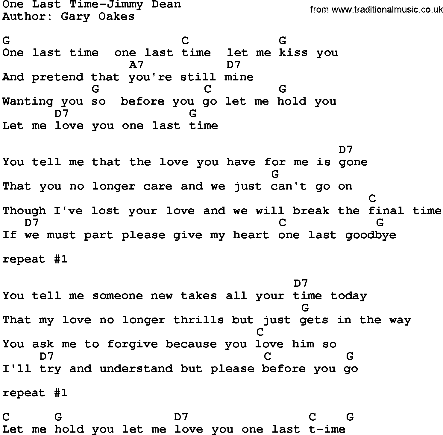 Country music song: One Last Time-Jimmy Dean lyrics and chords