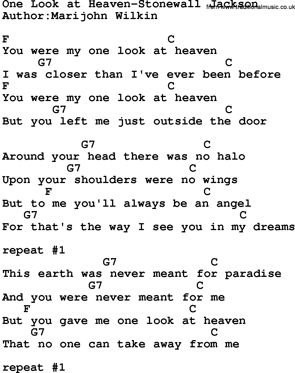 Country music song: One Look At Heaven-Stonewall Jackson lyrics and chords