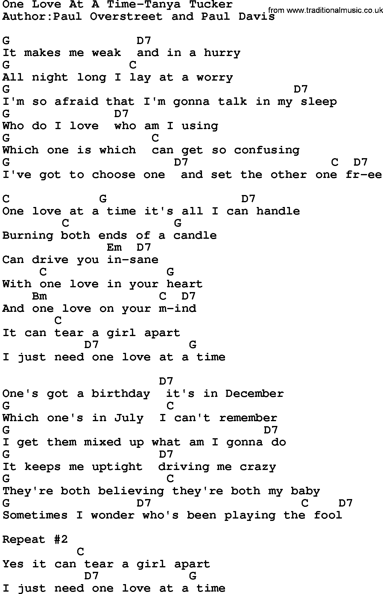 Country music song: One Love At A Time-Tanya Tucker lyrics and chords