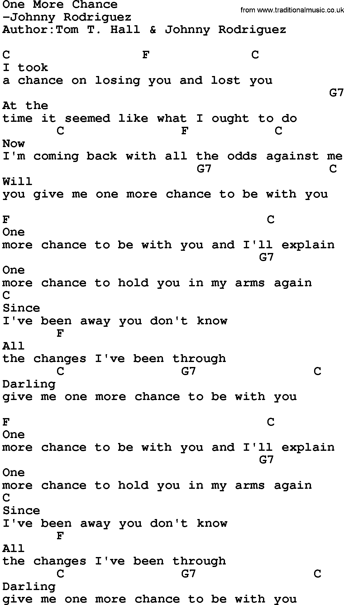 Country music song: One More Chance lyrics and chords