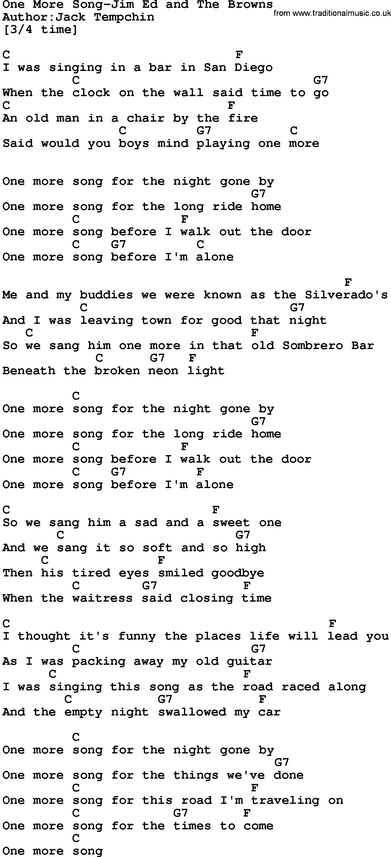 Country music song: One More Song-Jim Ed And The Browns lyrics and chords