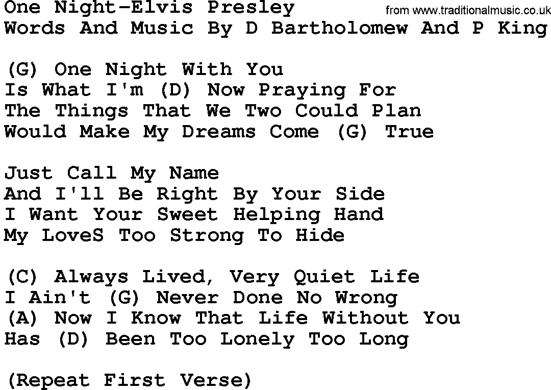 Country music song: One Night-Elvis Presley lyrics and chords
