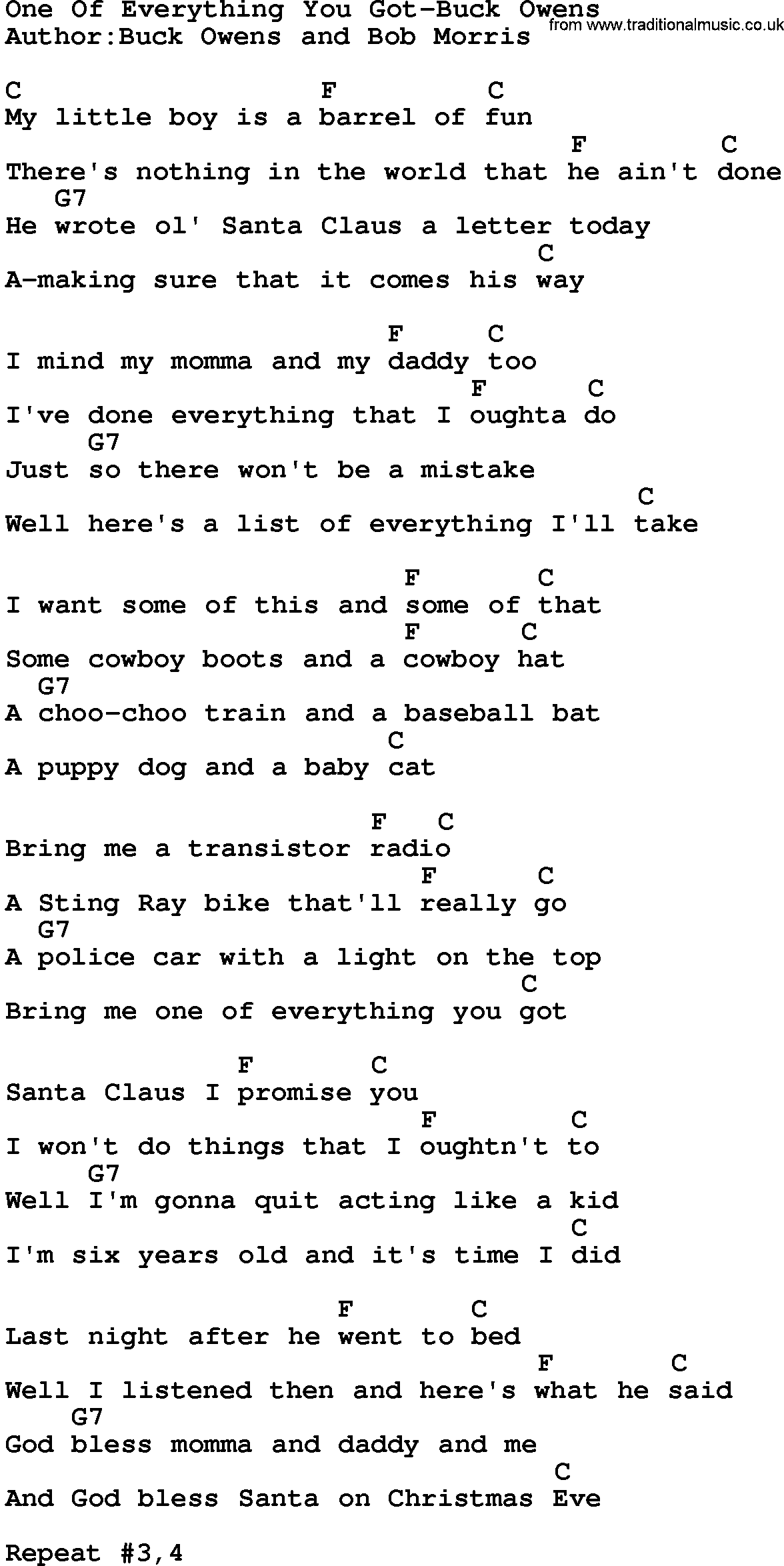 Country music song: One Of Everything You Got-Buck Owens lyrics and chords