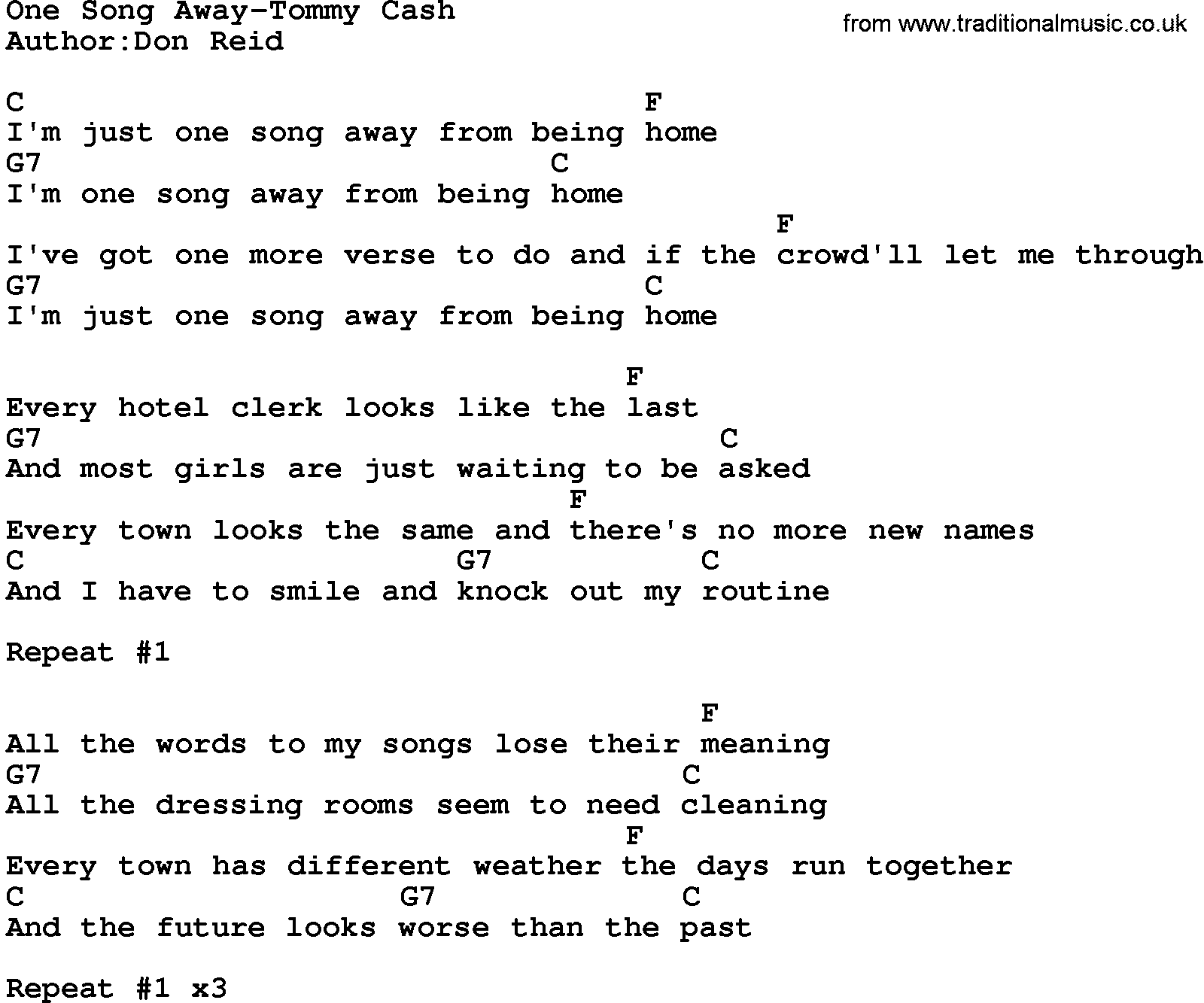 Country music song: One Song Away-Tommy Cash lyrics and chords