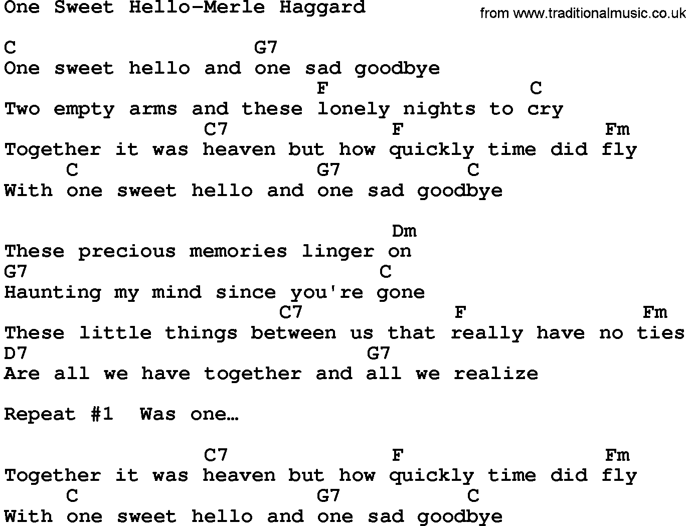 Country music song: One Sweet Hello-Merle Haggard lyrics and chords
